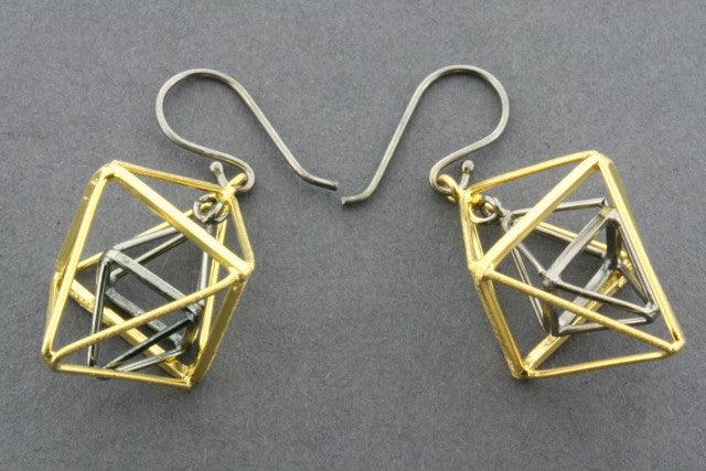 2 x Double Pyramid Earrings - Gold Plated & Oxidized Hoop Earrings for Women, Trendy Boho Chic Jewelry for Parties & Everyday Wear