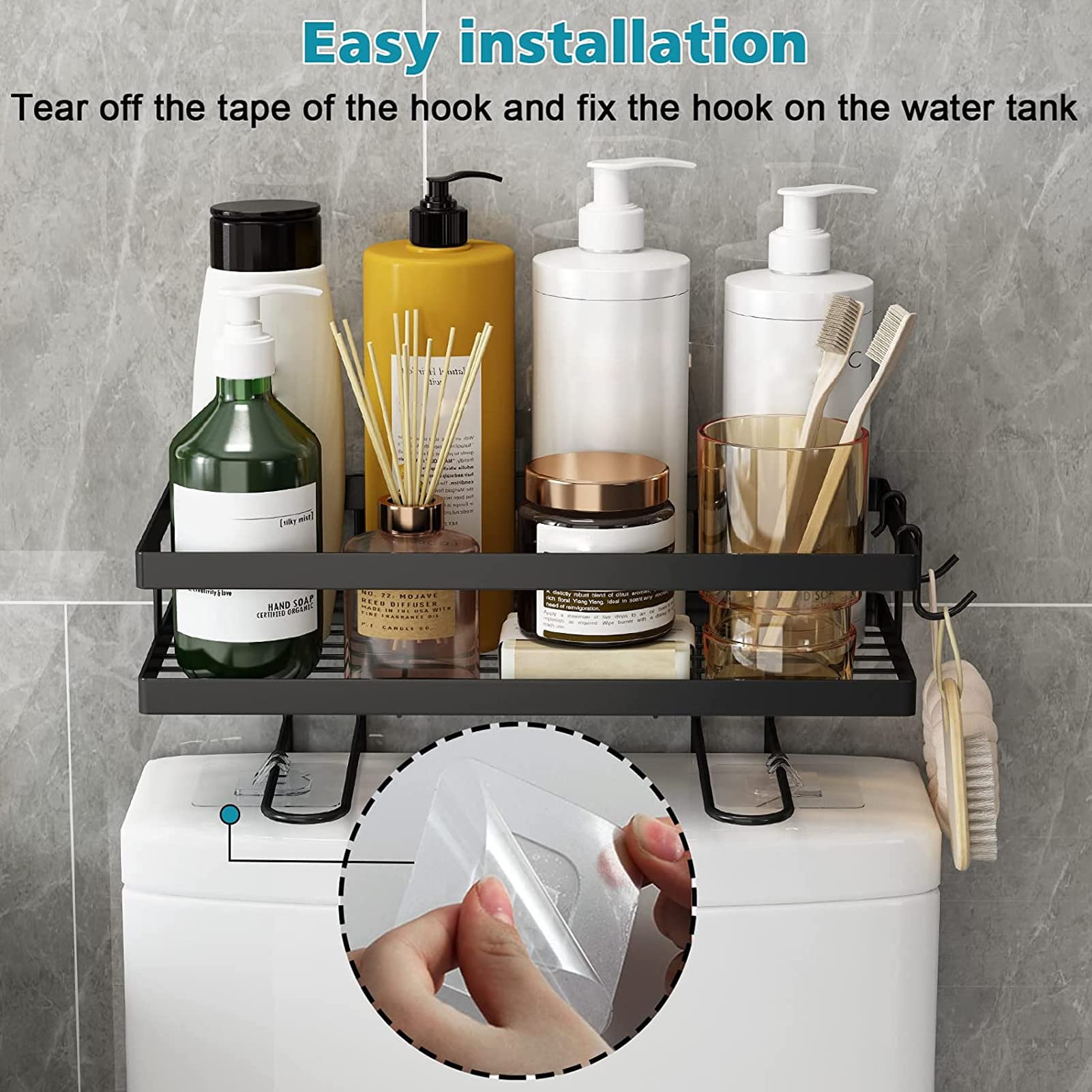 Iron Bathroom Storage Shelf with Hooks - Space-Saving Toilet Organizer for Towels, Candles & Essentials - Perfect for Small Bathrooms, Apartments & Vanity Organization
