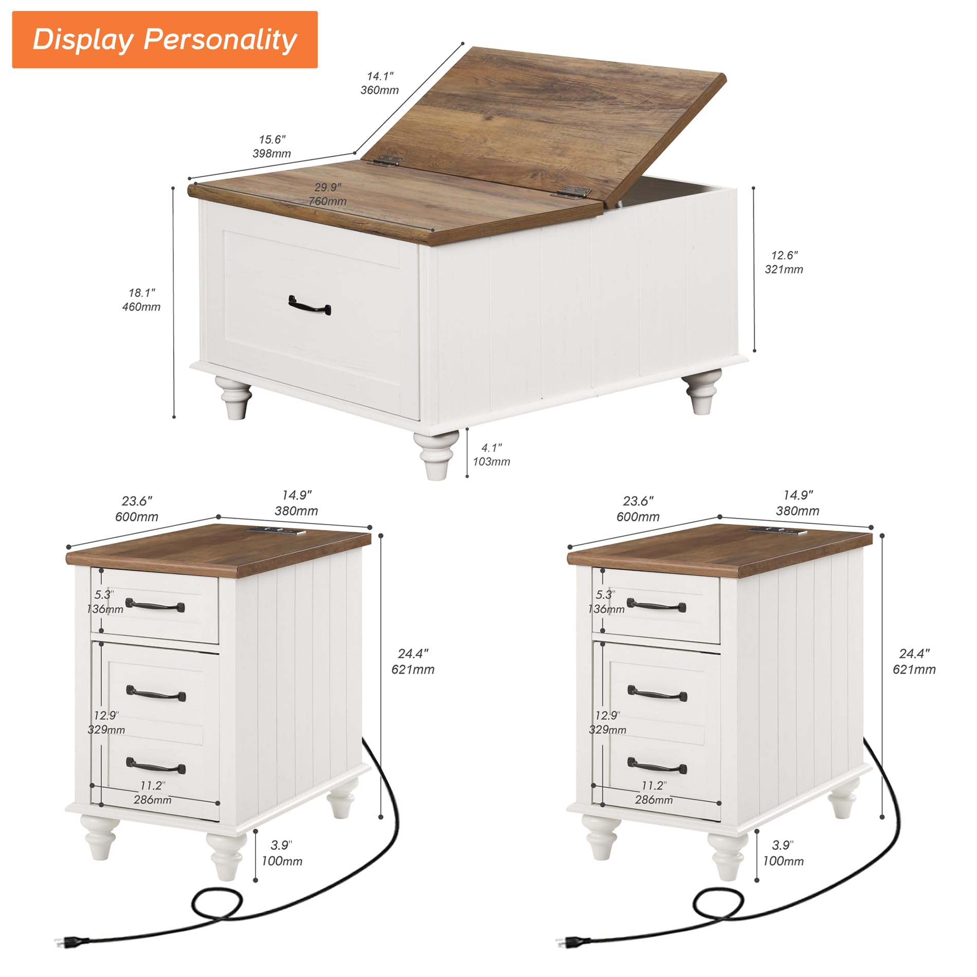 WAMPAT 3-Piece Farmhouse Living Room Table Set - Lift Top Coffee Table with Drawer & 2 End Tables with Charging Station, Off White - Perfect for Small Spaces, Living Room Decor & Nightstand Use