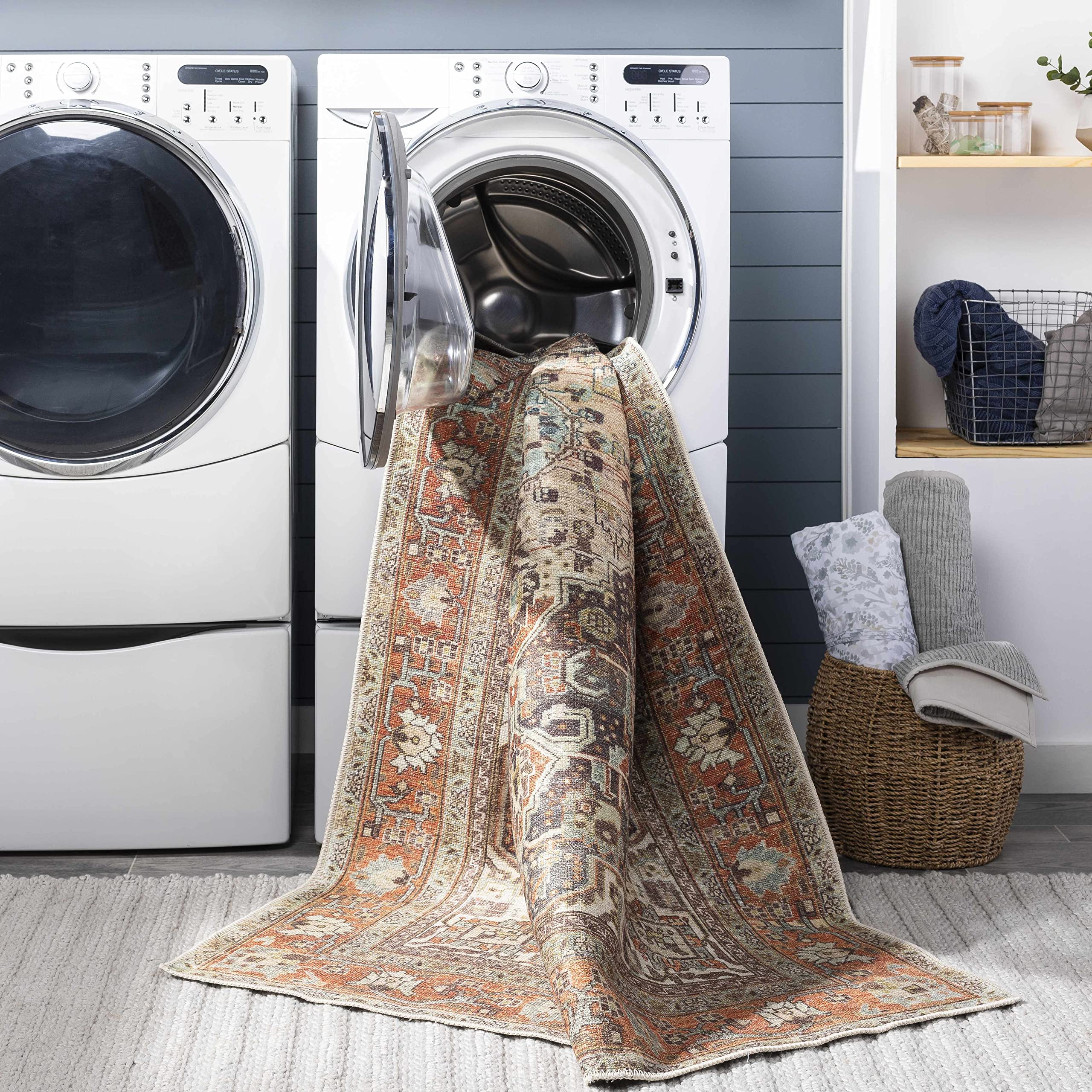 Hauteloom Portlaw Hallway & Kitchen Washable Runner Rug - Traditional Design in Gray, Blue, Red - 2'7