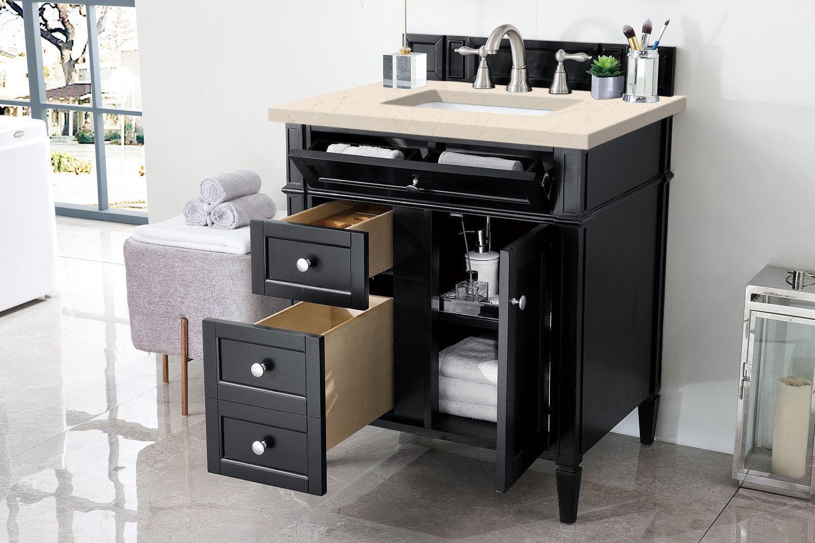 Brittany 30-Inch Single Bathroom Vanity in Black Onyx with 3CM Eternal Marfil Quartz Countertop - Perfect for Modern Master Bathrooms and Powder Rooms