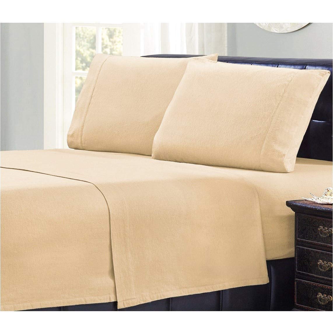 Mellanni Organic Cotton Flannel Queen Size Bed Sheets Set - Ultra Soft & Warm Winter Bedding - Beige 4-Piece Set (Fitted Sheet, Flat Sheet & 2 Pillowcases) - Hypoallergenic & Skin-Friendly for Cozy Nights - Perfect for Cold Weather, Guest Rooms & Winter Retreats