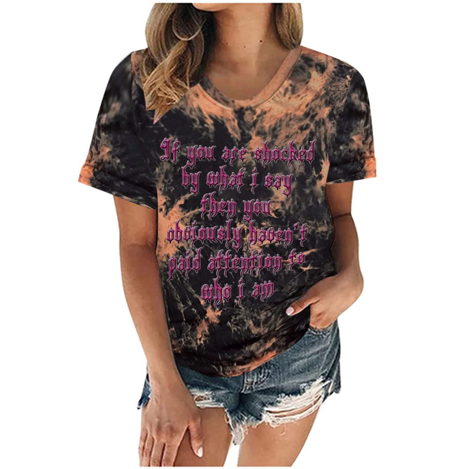 Sexy Women's Crop Tops - Round Neck Short Sleeve Tie Dye T-Shirts with Letter Print | Casual Summer Blouses & Activewear for Women | Perfect for Beach Outfits, Music Festivals & Gym Wear