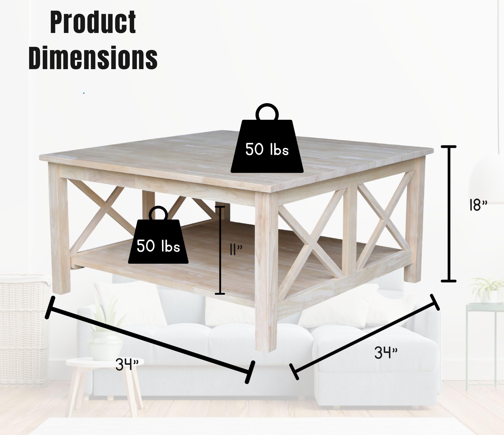 International Concepts Hampton Coffee Table - Brown Wooden Living Room Table for Home Decor, Perfect for Living Room, Lounge, and Office Use