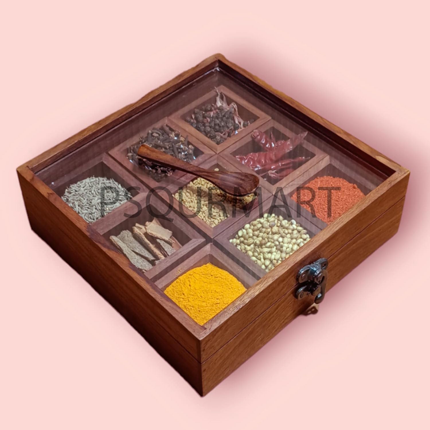 Antique Lock 9-Section Wooden Spice Box with Glass Jars - Premium Spice Storage Organizer for Kitchen, Pantry & Home Decor | Perfect for Herbs, Seasonings & Tea Collection