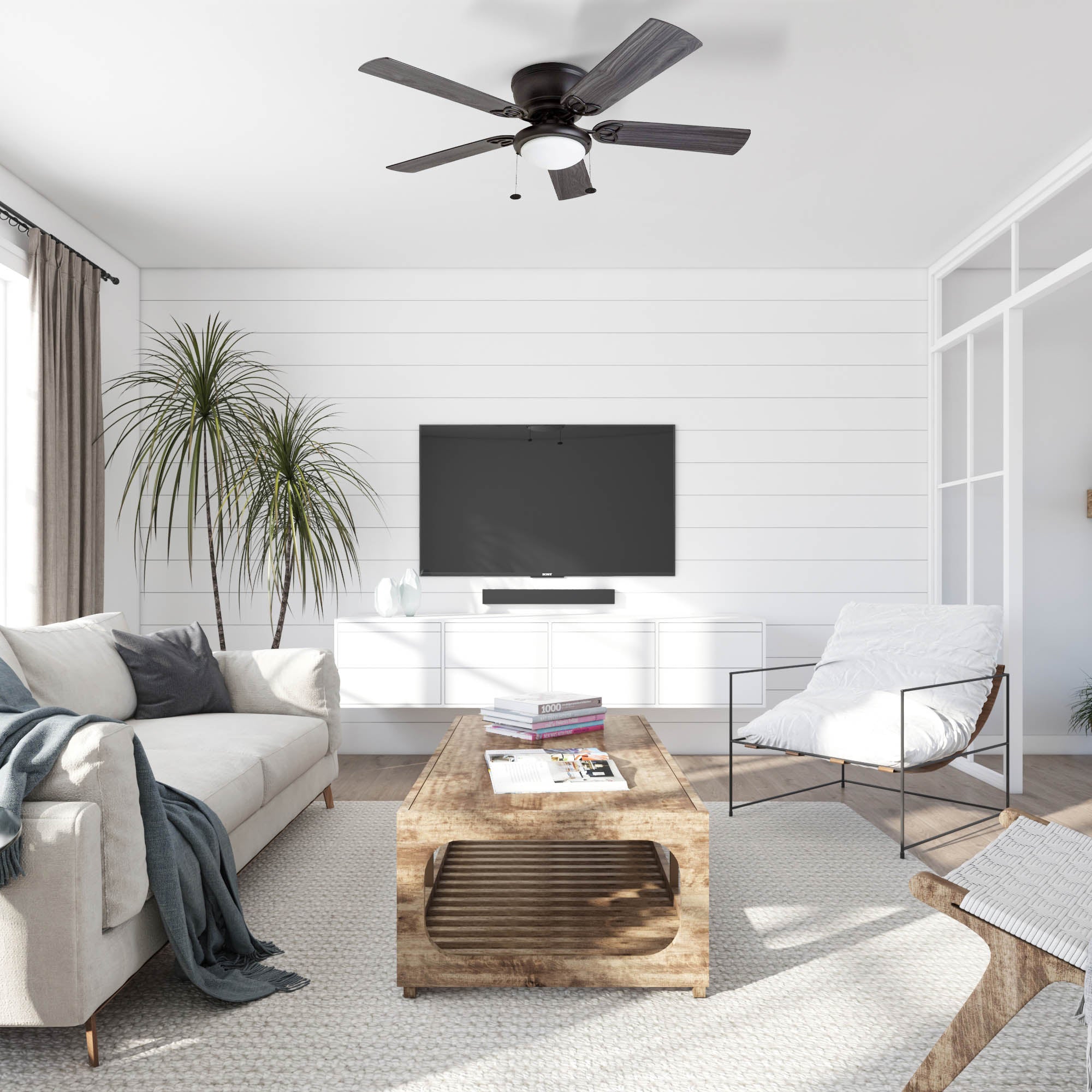 52 Inch Benton Matte Black Ceiling Fan with Pull Chain - Energy Efficient Indoor/Outdoor Fan for Living Room, Bedroom, or Patio