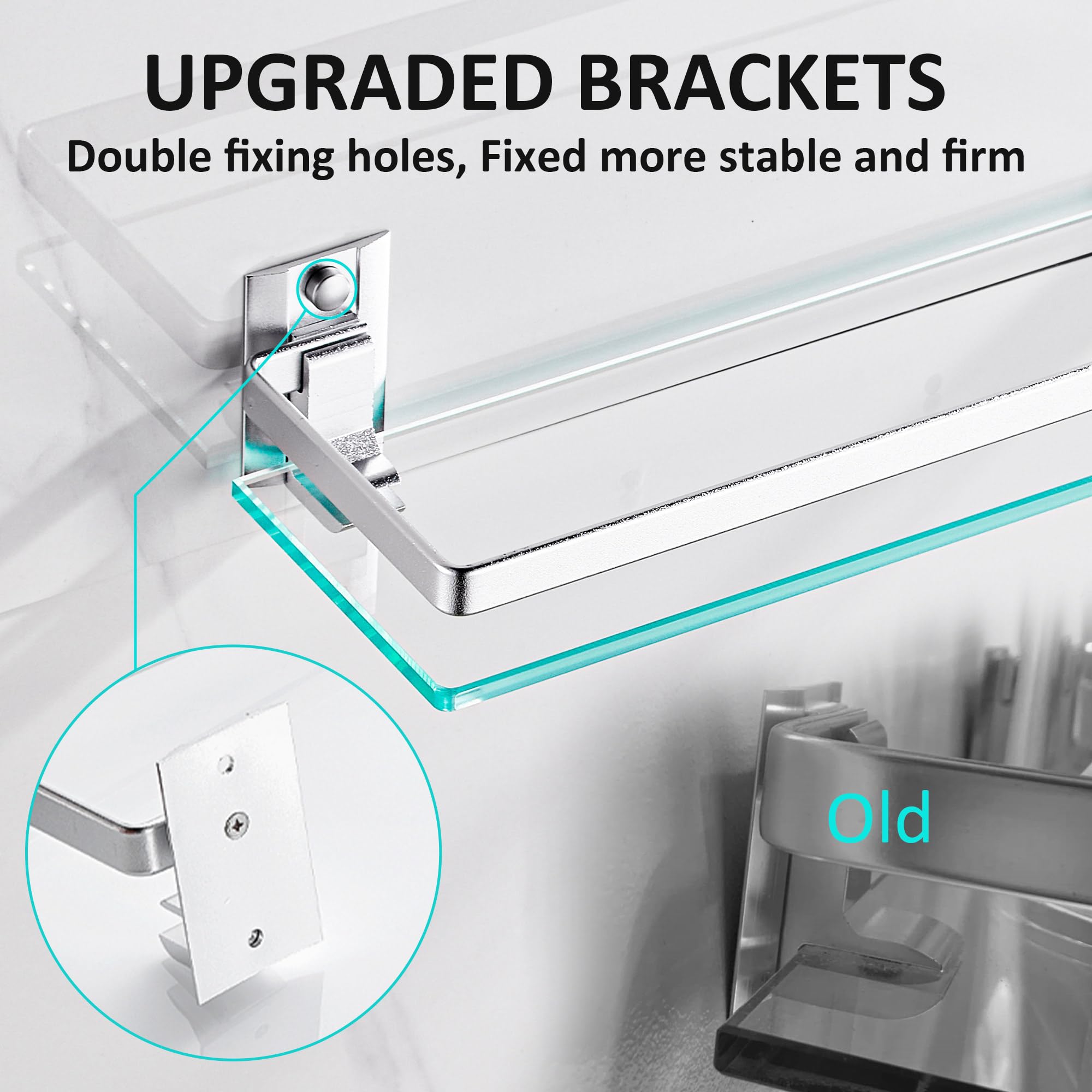 Premium Tempered Glass Bathroom Shelf with Upgraded Bracket - Silver Rectangular Shower Organizer (2 Pack) for Bathroom Storage & Spa Decor - Perfect for Shampoo, Soap & Towel Organization in Showers, Vanities & Spa Areas