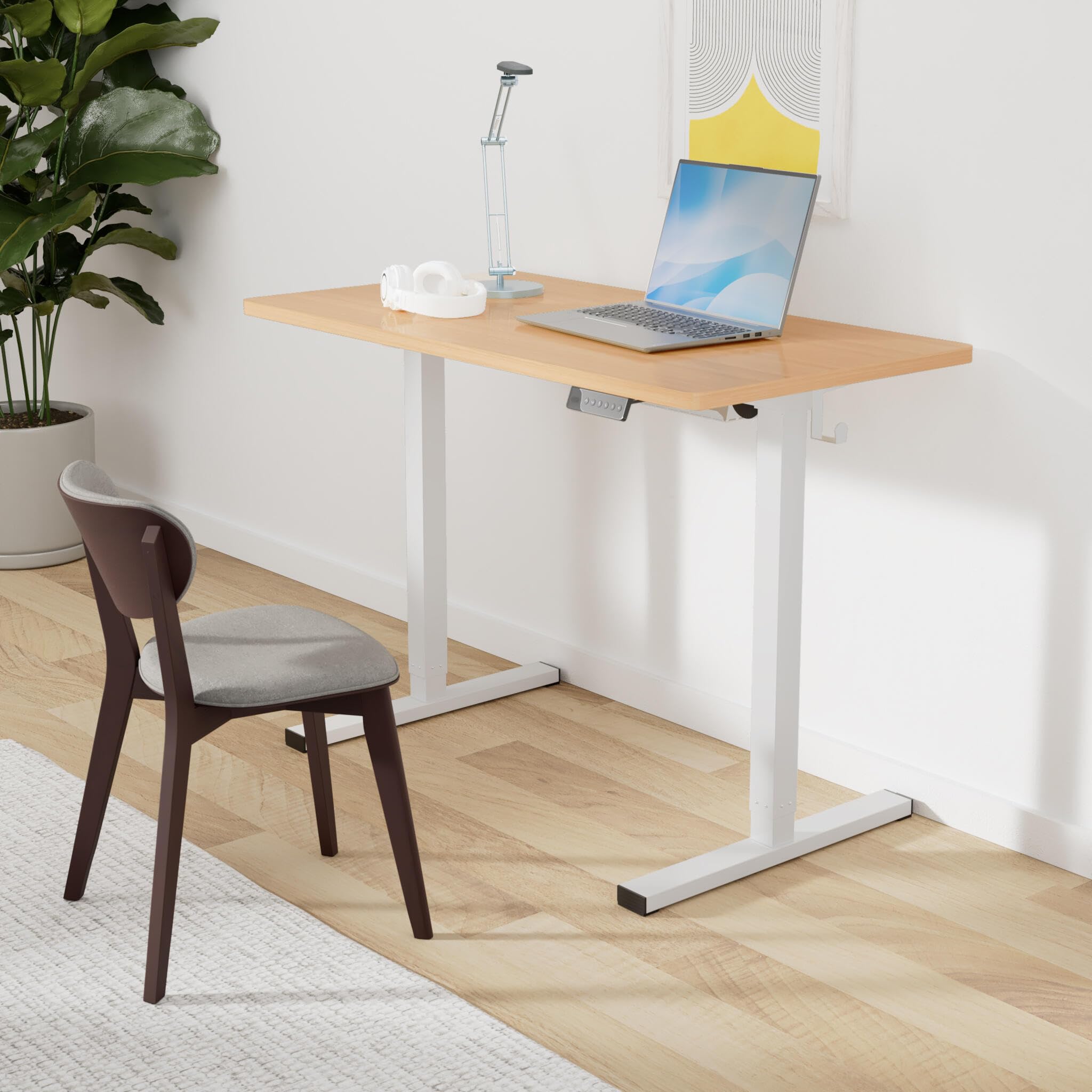 FLEXISPOT Electric Standing Desk 48 x 24 Inches - Adjustable Height Sit Stand Desk with Ergonomic Memory Controller & USB Charging Ports (White Frame & Honey Wheat Desktop) - Perfect for Home Office, Gaming & Workspace Setup
