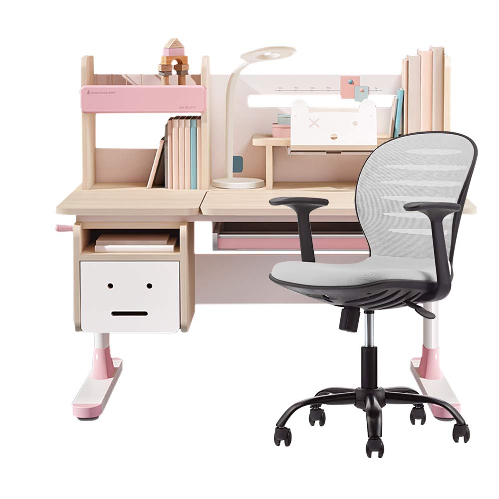 Adjustable Height Kids Study Desk with Swivel Task Chair - Pink Desk & Grey Chair Bundle for Home Office, School, and Online Learning