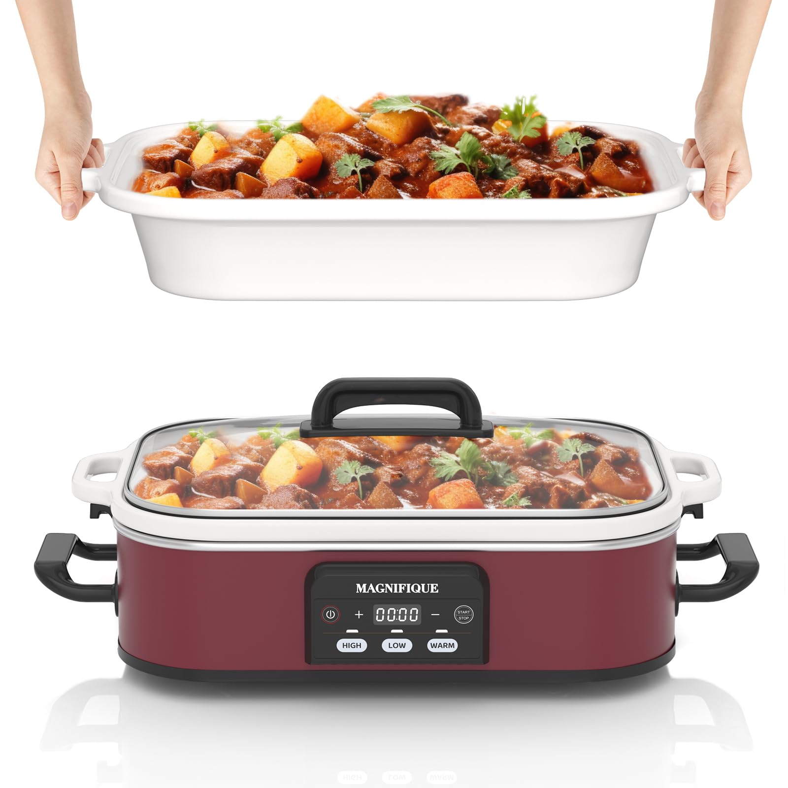 Premium 4 Quart Digital Slow Cooker with Ceramic Pot - Oven & Dishwasher Safe Casserole Dish (Red) - Perfect for Family Dinners, Meal Prep & Holiday Cooking