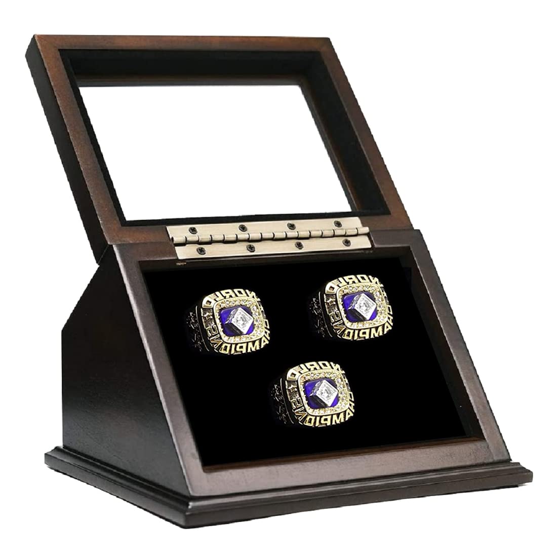 3-Slot V-Shape Championship Rings Wooden Display Case with Slanted Glass Window - Football, Basketball, Hockey Sports Trophy Shadow Box (Rings Not Included) - Perfect for Showcasing Awards in Offices, Trophy Rooms & Sports Memorabilia Collections