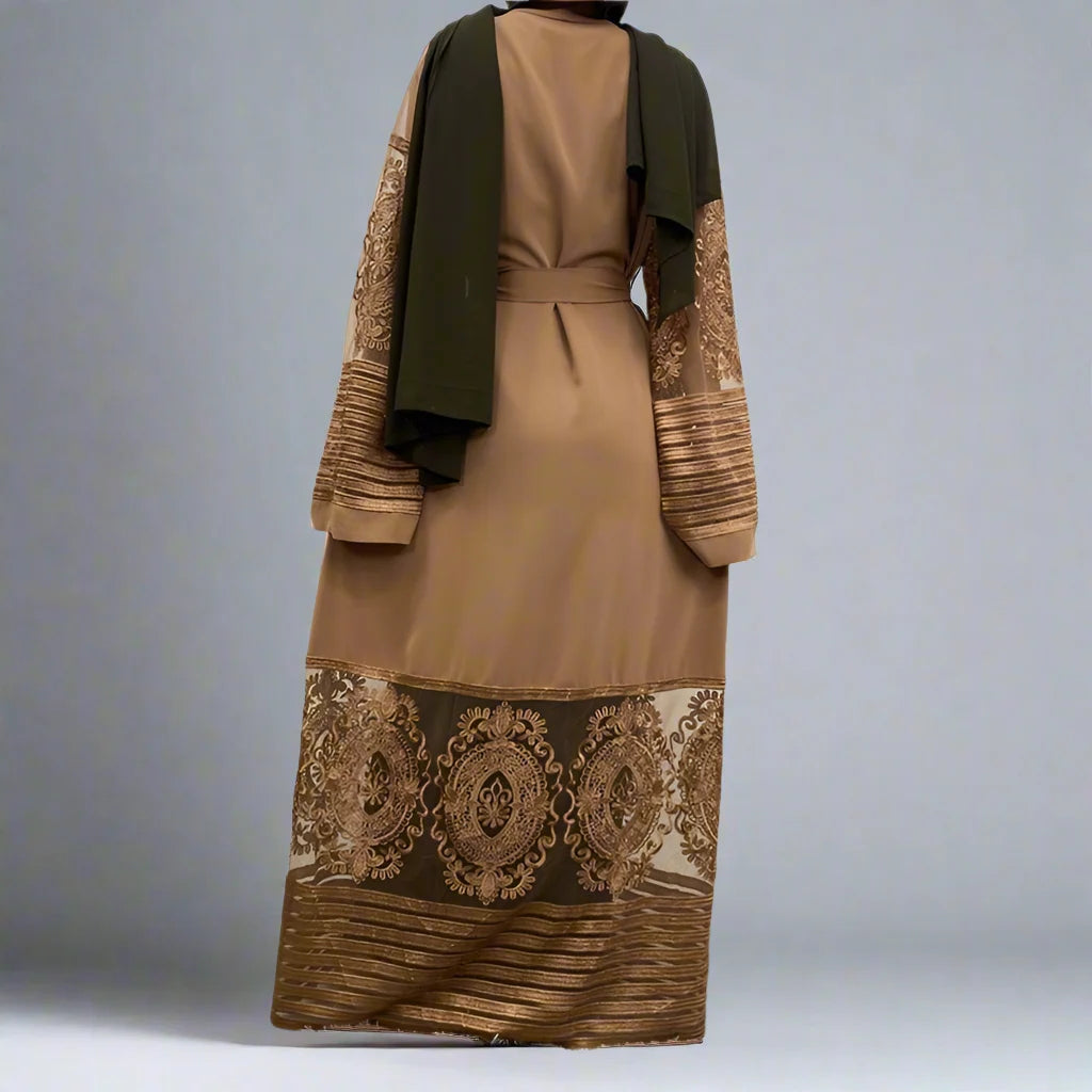 Elegant Muslim Women's Mesh Embroidery Cardigan Open Abaya Dress - Modest Islamic Fashion for Prayer, Mosque & Special Occasions