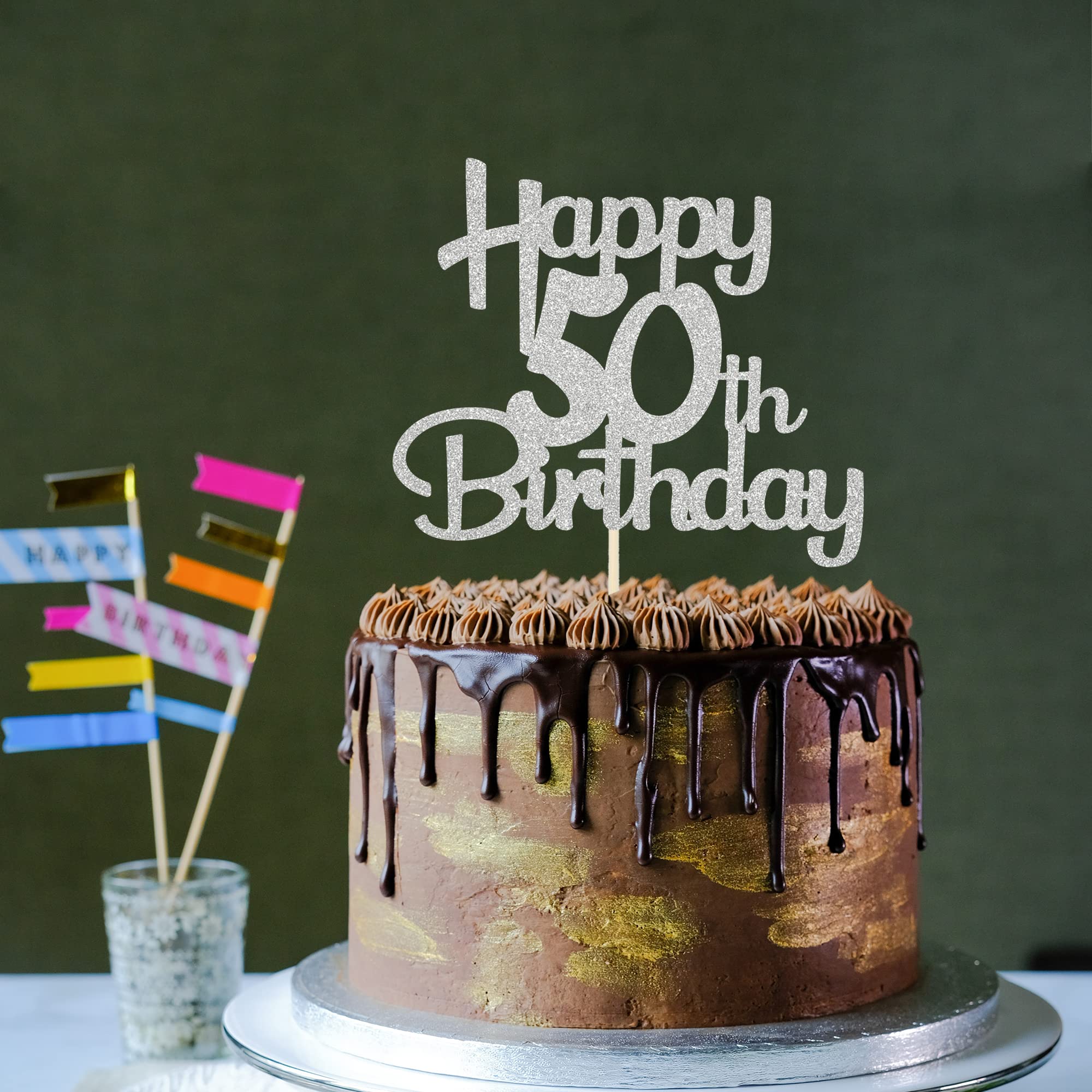 50th Birthday Cake Topper - Silver Glitter 50 Cake Decorations for Women & Men - Cheers to 50 Fabulous Party Supplies - 1 Pack - Perfect for Anniversary, Retirement & Milestone Celebrations