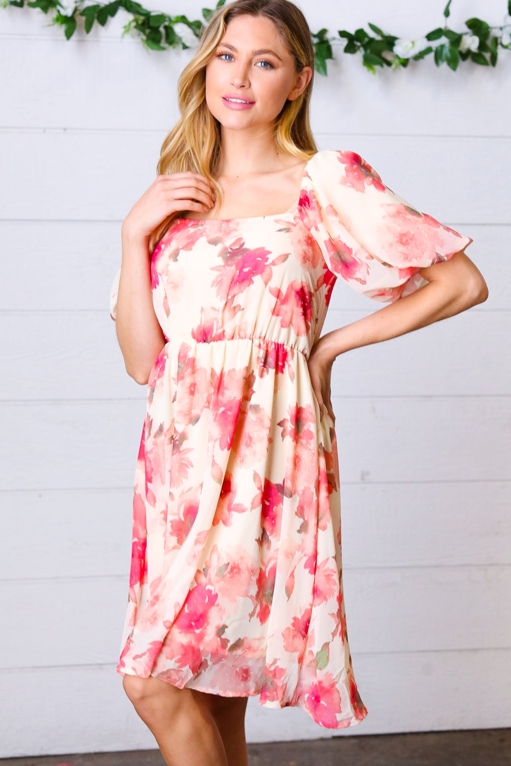 Elegant Peach Floral Chiffon Puff Sleeve Dress for Women - Summer Wedding Guest Outfit & Garden Party Dress