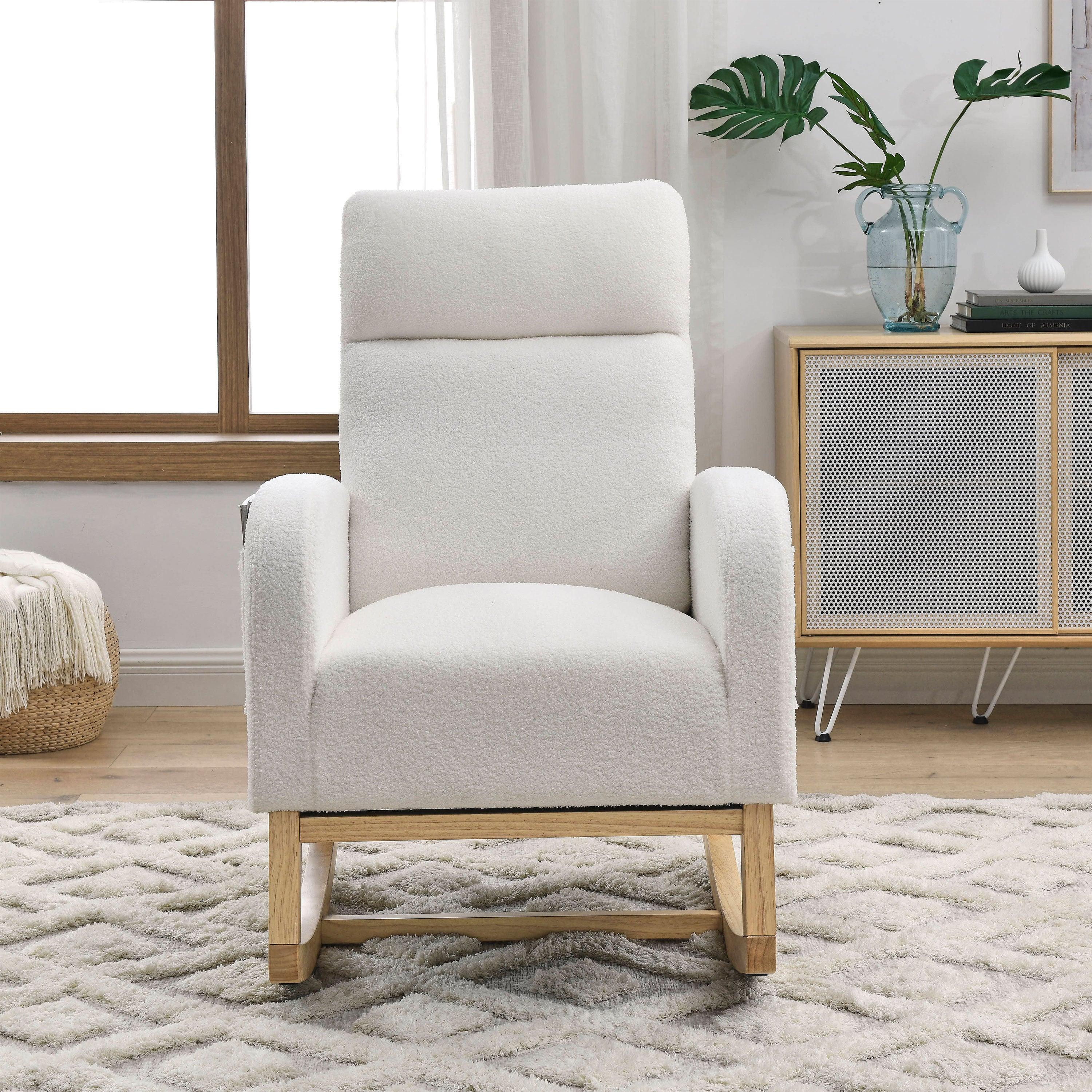 27.6W Modern High Back Accent Rocking Chair with Side Pockets - Teddy White (Ivory) for Living Room, Lounge, Nursery & Reading Nook
