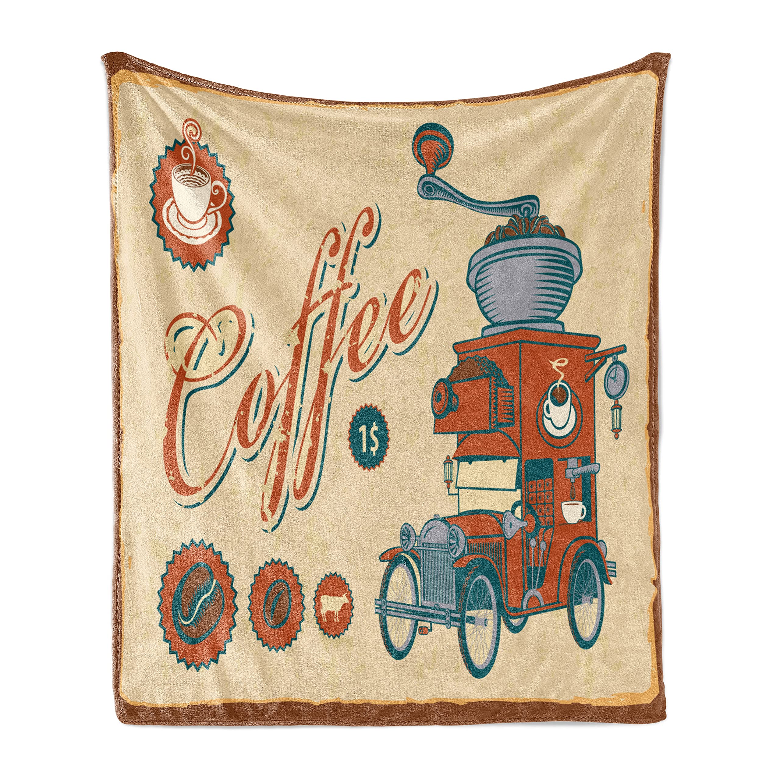 Ambesonne Vintage Truck & Coffee Grinder Retro Throw Blanket - Soft Flannel Fleece Accent Blanket for Couch, Sofa & Bed - 50x60 Inch Cream Orange Grey Blanket - Perfect for Living Room Decor, Cozy Nights & Gift Giving