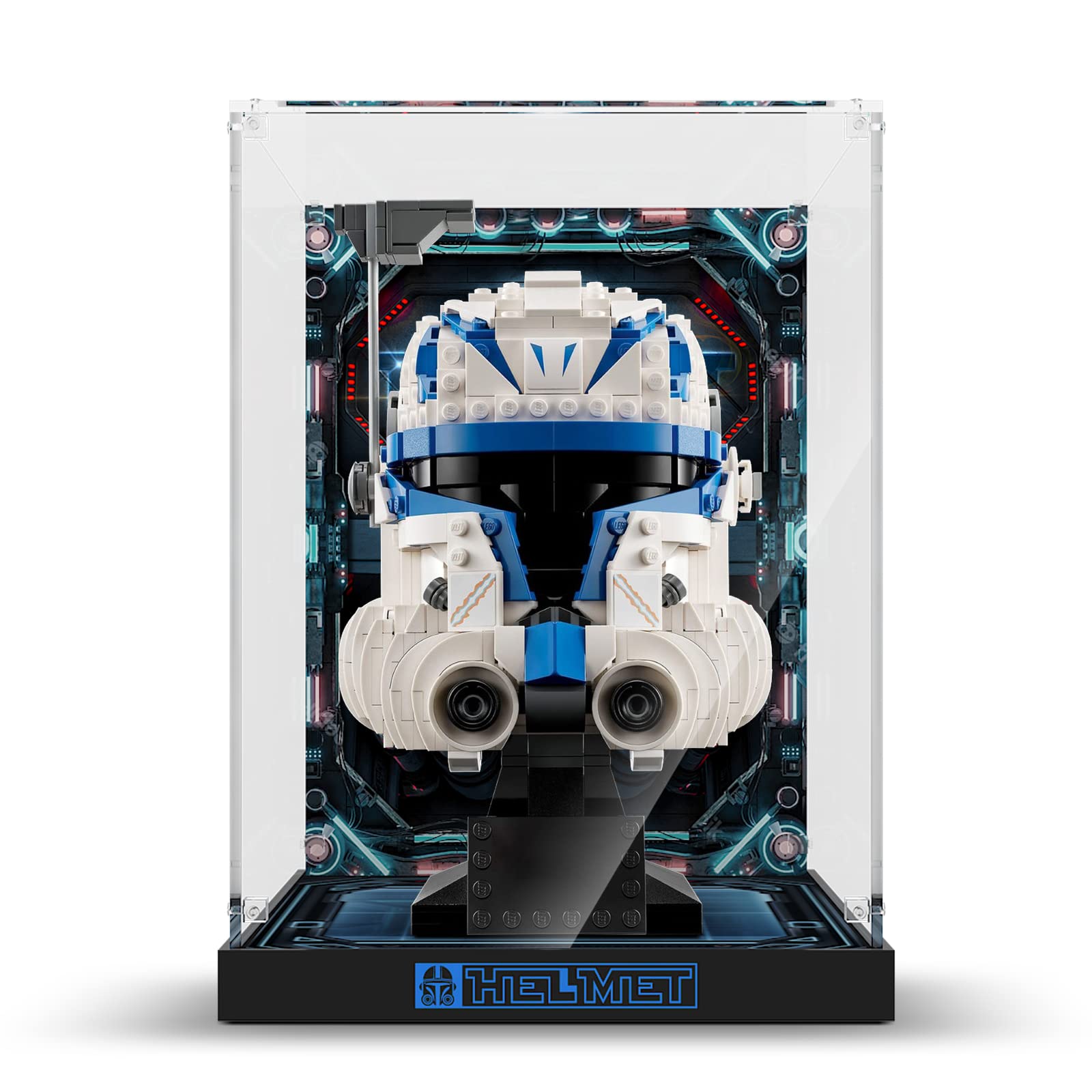 Acrylic Display Case for Lego Star Wars 75349 Captain Rex Helmet & 75350 Clone Commander Cody Helmet - Clear Protective Box with Base & Painted Background - Perfect for Collectors & Home Decor