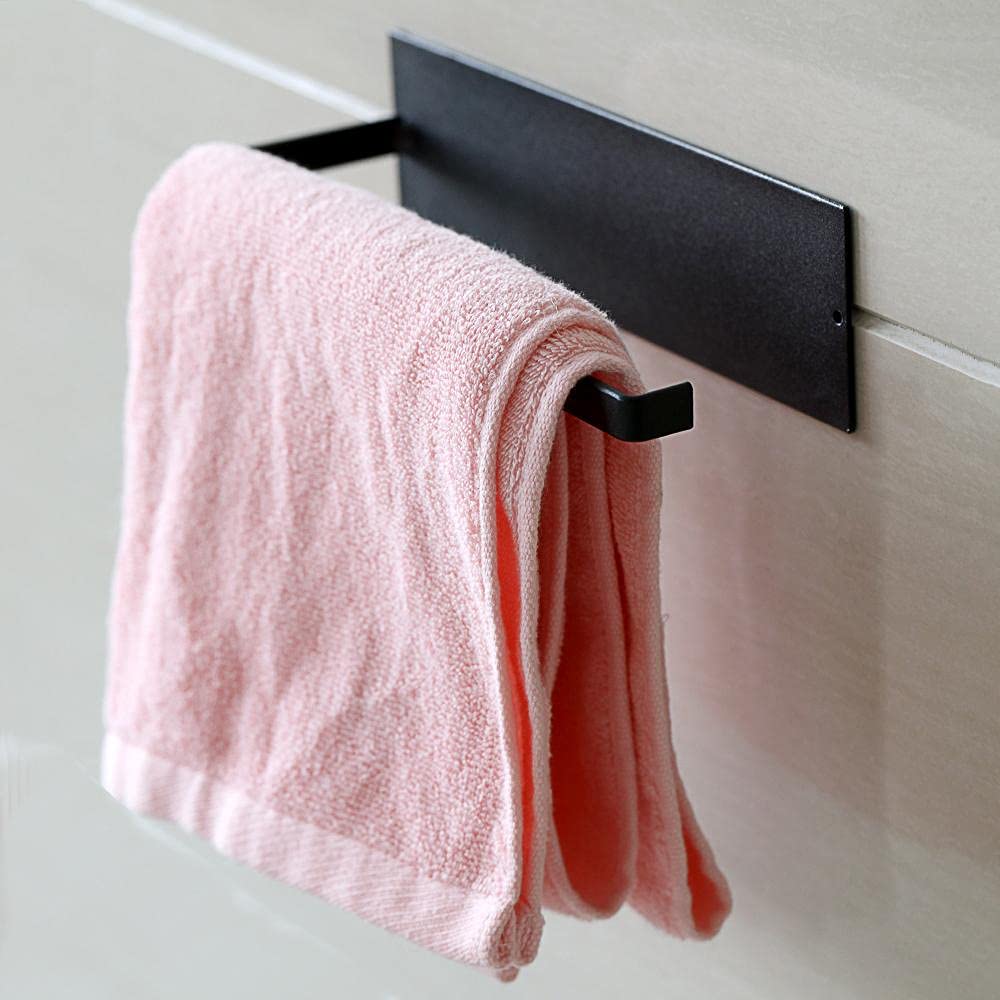 RASIKVAR Stainless Steel Adhesive Towel Bar - Heavy Duty Bathroom Towel Holder, Wall Mounted Self Adhesive Hanger for Kitchen & Bathroom Accessories (Black) - Perfect for Small Spaces, Apartments, and RVs