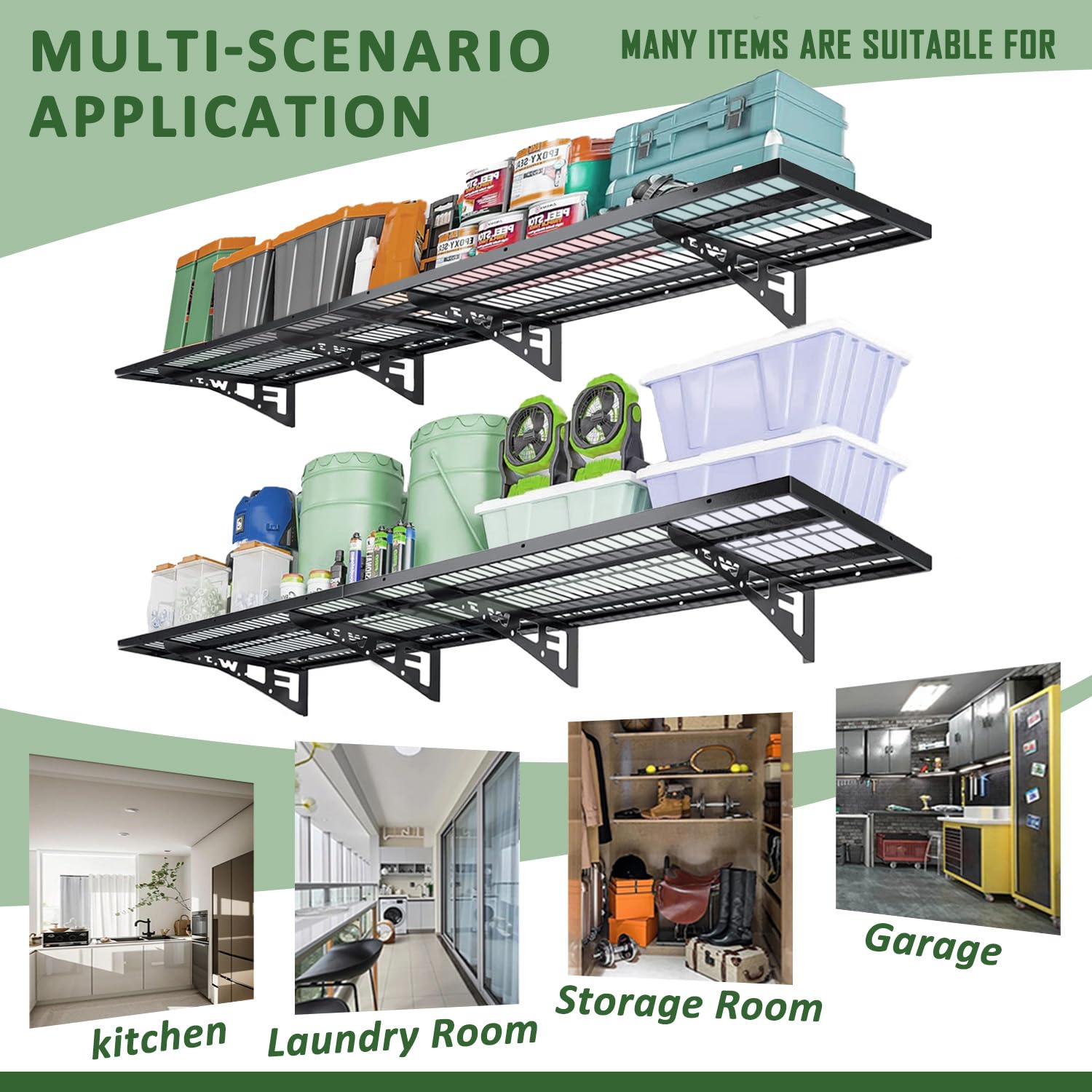 4 Pack Heavy Duty Garage Wall Shelves - 1.5' x 3.8' Wall Mount Storage Shelving with Hooks, 250 lbs Capacity Each - Perfect for Garage Organization, Basement Storage & Workshop Shelving Solutions