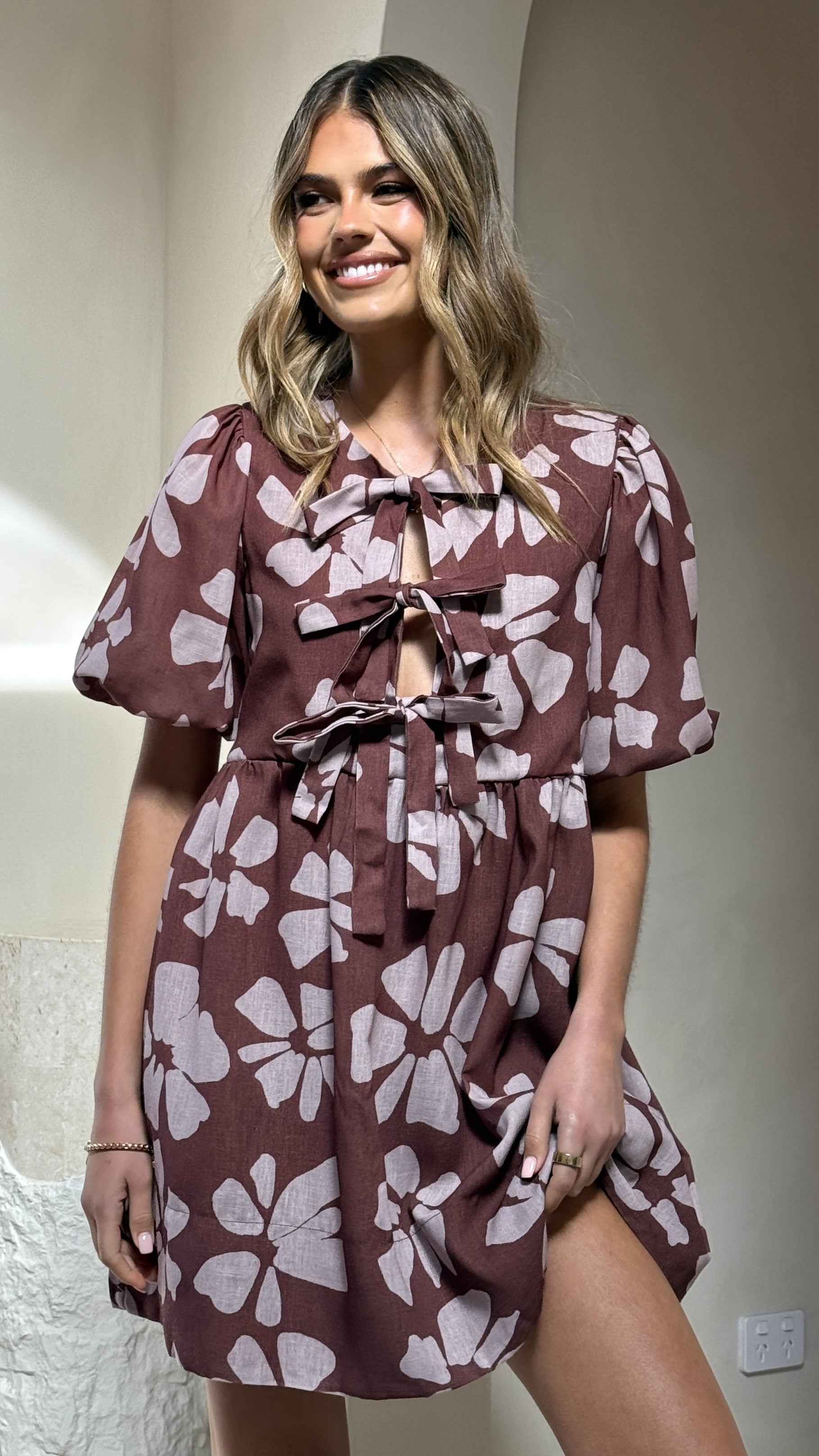 Arana Mini Dress in Brown Daylillies - Floral Summer Dress for Women, Casual & Party Wear, Perfect for Beach, Vacation, and Date Nights