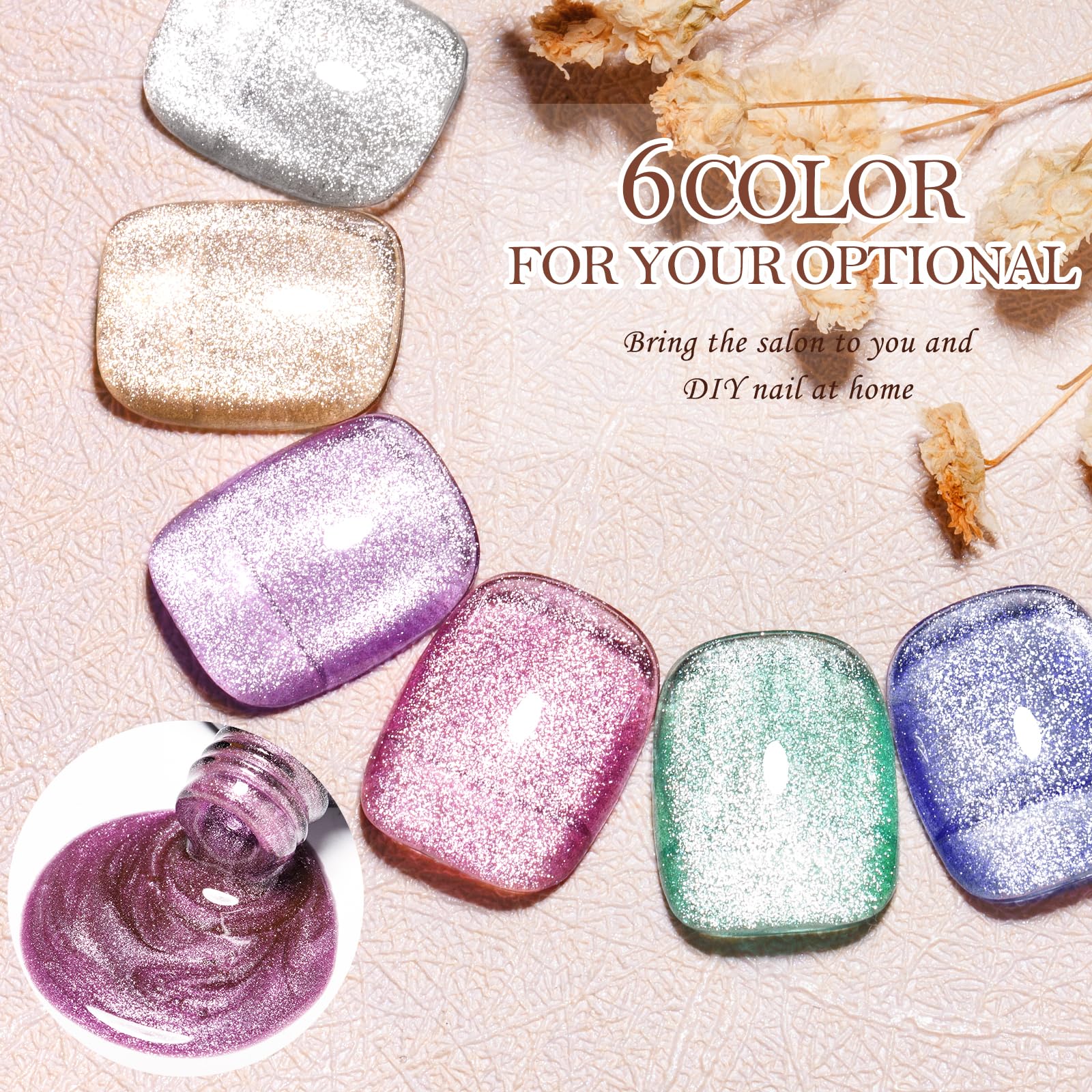 UV LED Cat Eye Gel Nail Polish Kit - 6 Colors with Magnet Stick for Manicure & Nail Art Gifts