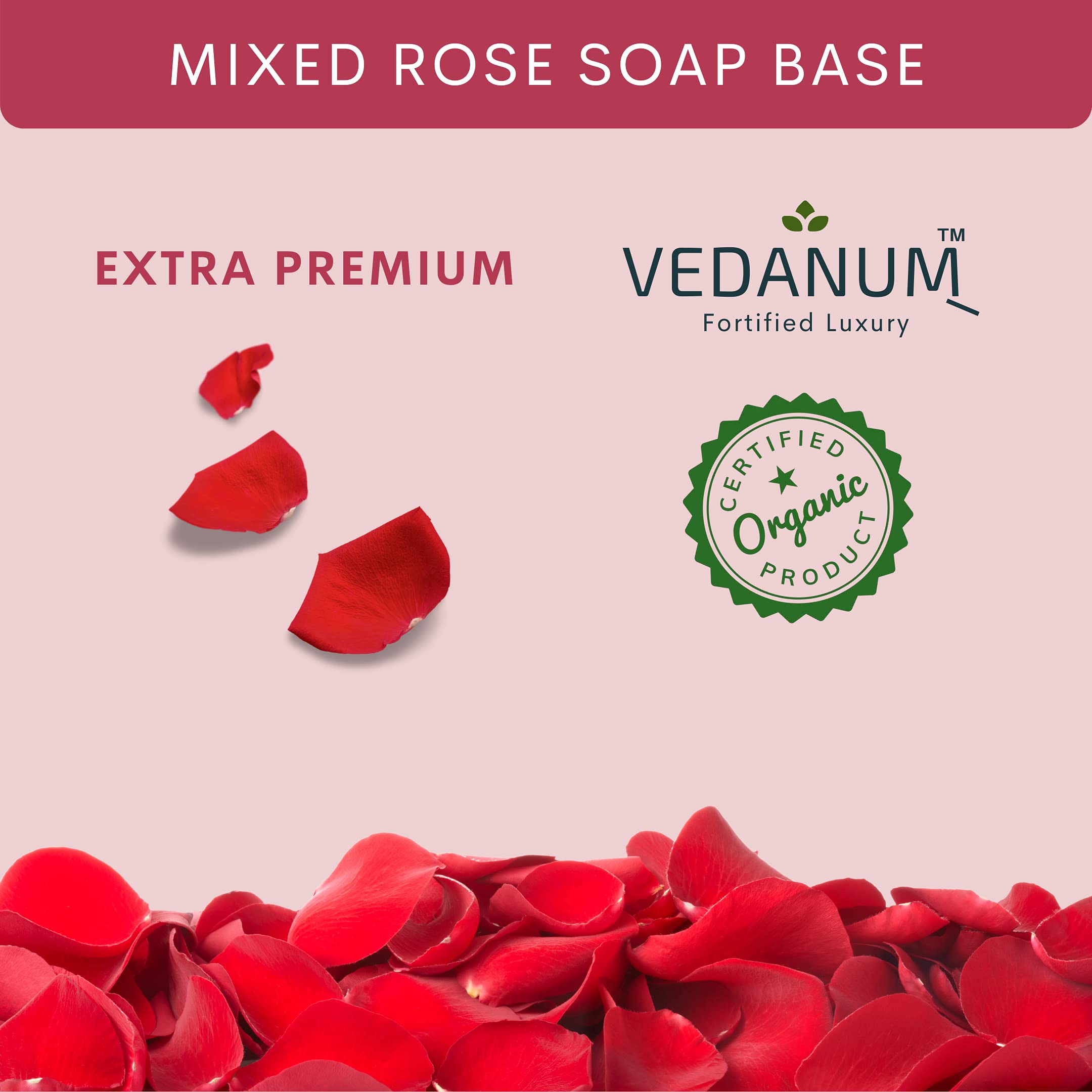 VEDANUM Organic Rose Ultra Premium Melt and Pour Soap Base for Soap Making - 500 Gm (Sulfate & Paraben Free) - Perfect for DIY Handmade Soaps, Gifts, and Spa Treatments