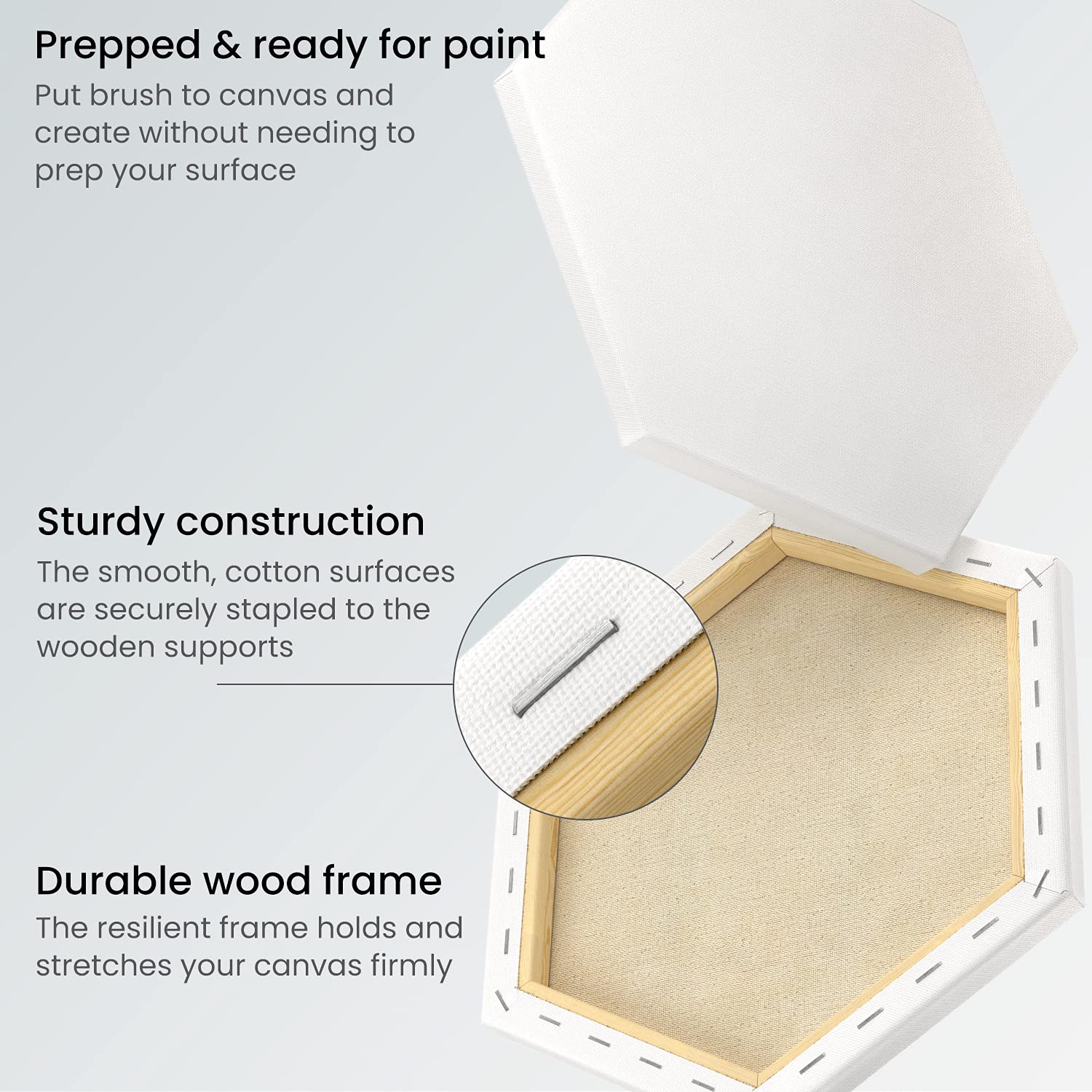 ARTEZA 6 Inch Hexagonal Stretched Canvas - Pack of 9 White Blank Artist Panels for Acrylic, Oil & Gouache Painting - Perfect for Studio Art, Home Decor & DIY Craft Projects