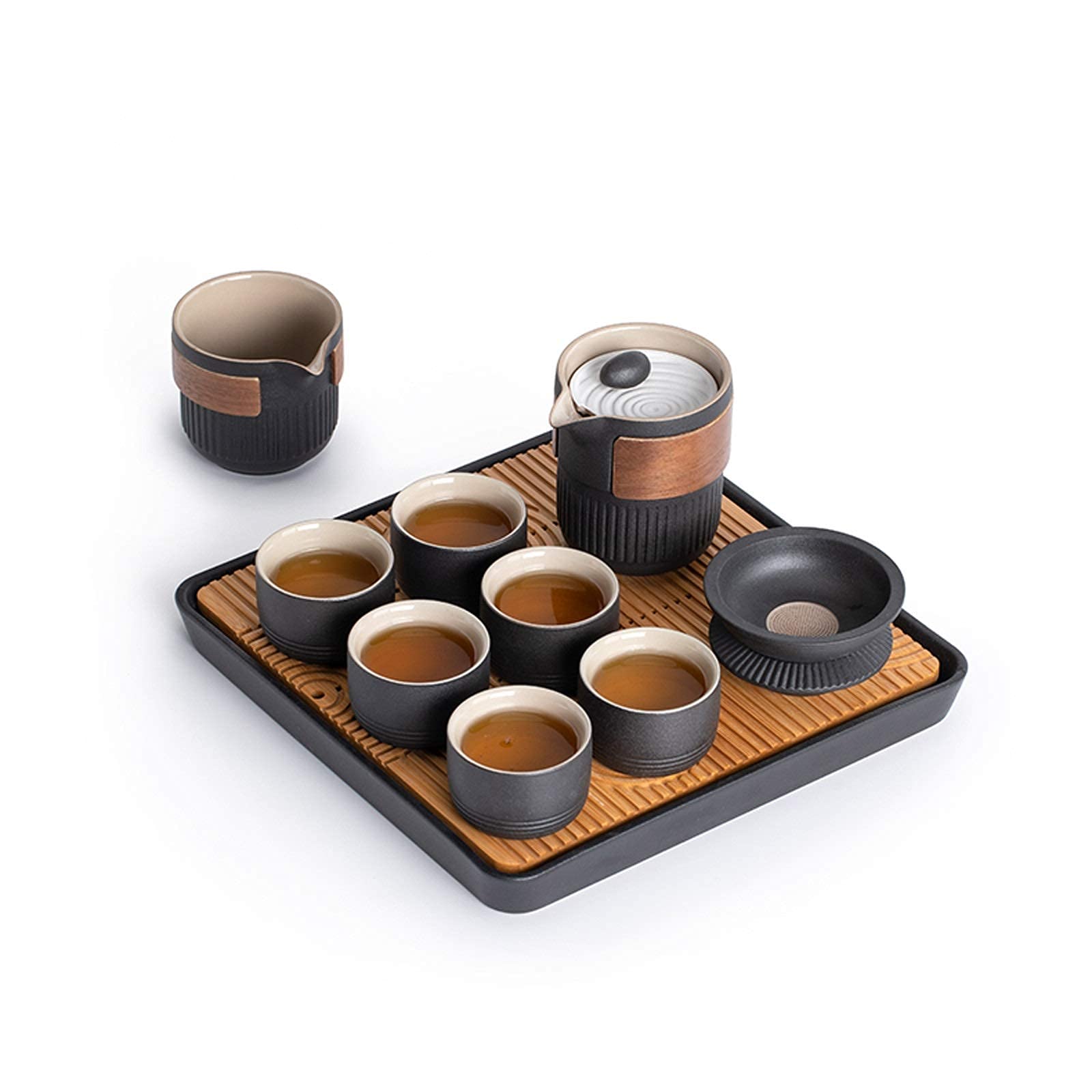 Japanese Style Ceramic Tea Set - 6-Piece Cup & Saucer with Teapot, Strainer and Bamboo Tray | Traditional Matcha Tea Ceremony Accessories | Perfect for Home Tea Parties, Gift Giving & Zen Decor