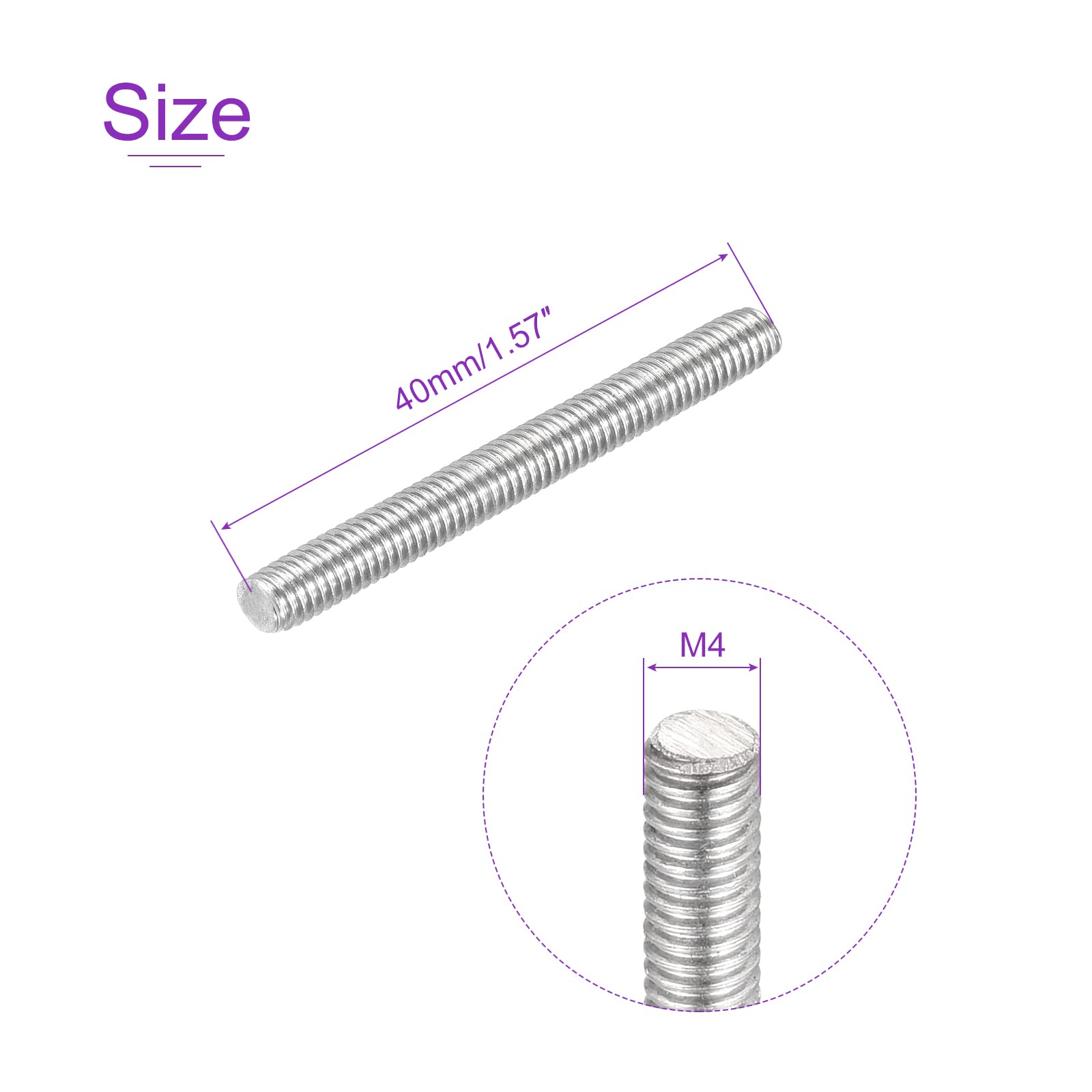 20 Pack M4 x 40mm 304 Stainless Steel Threaded Rods - for DIY & Construction Projects