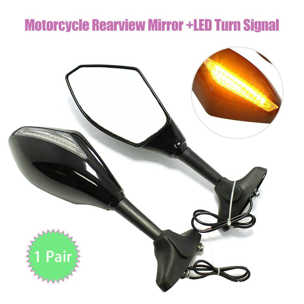 Yibid Integrated Motorcycle LED Turn Signal Light & Custom Mirrors - Compatible with Suzuki GSXR 1000 (2001-2005, 2009-2012) & GSXR 1100 (1993-1998) - Solid Black with Clear Lens & Arrow Marker Indicator - Enhanced Visibility & Safety for Street & Track Riding