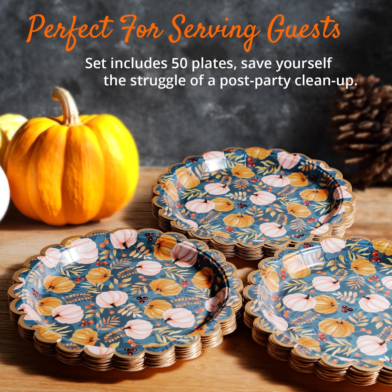 50-Count Disposable Thanksgiving Paper Plates - Scalloped Edge Pumpkin Design Slate Grey - Elegant Dinner Party Supplies for Holiday Gatherings, Family Feasts & Autumn Celebrations