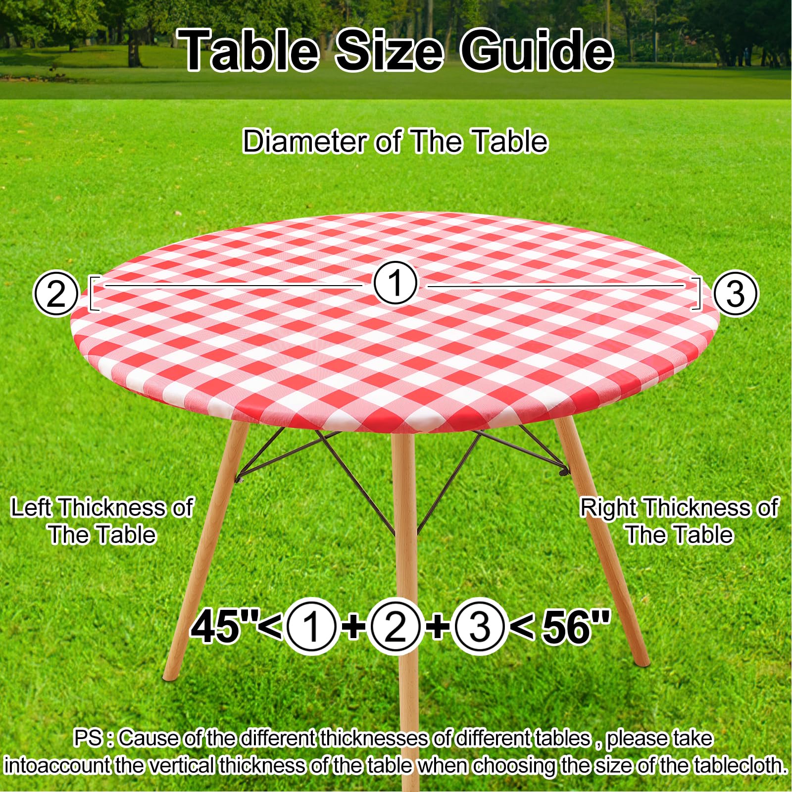 Smiry Round Elastic Waterproof Vinyl Tablecloth for 45-56 Inch Tables - Flannel Backed Buffalo Plaid Table Cover for Dining, Camping, Outdoor Use (White & Red) | Perfect for Picnics, BBQs, and Patio Parties