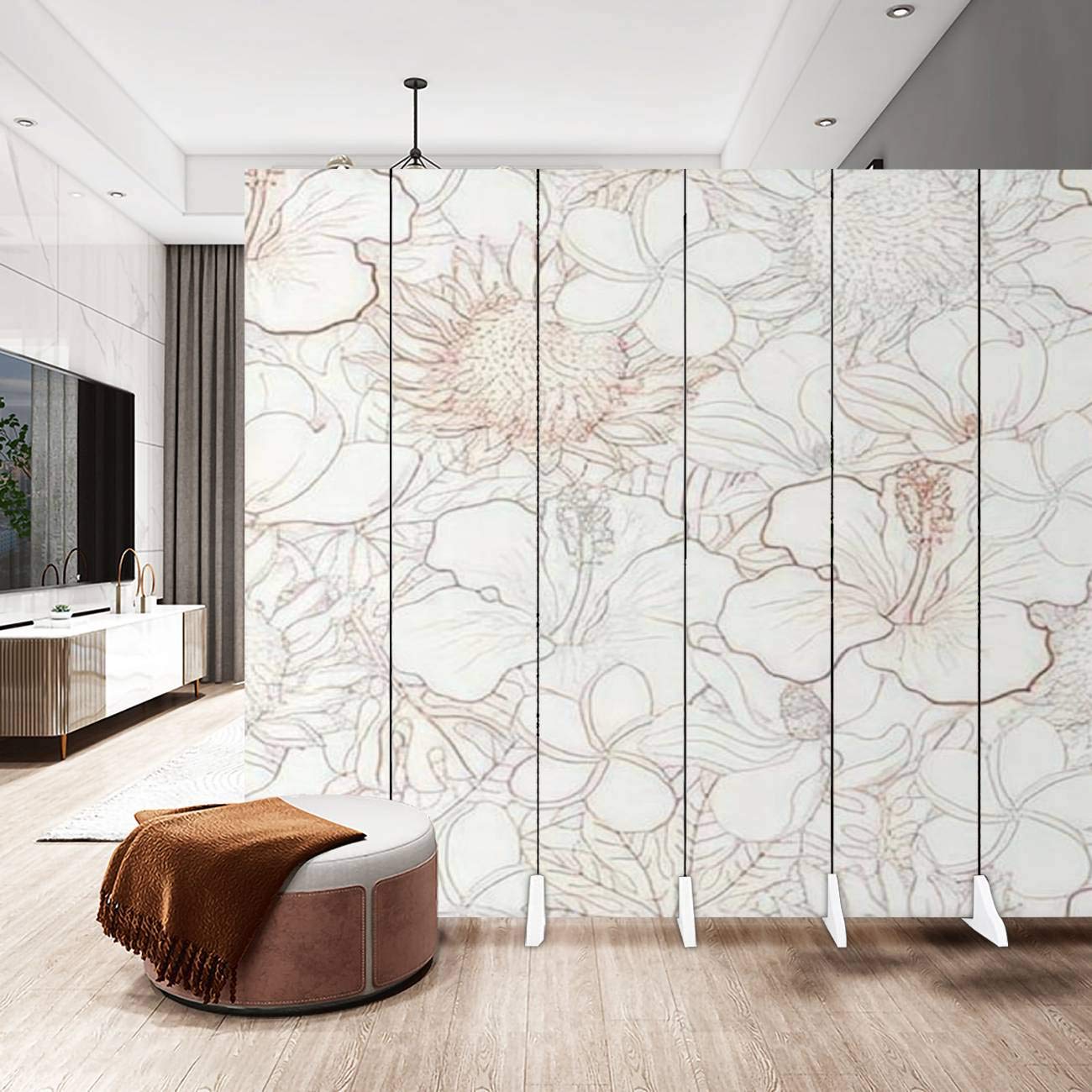 6-Panel Canvas Room Divider Screen with Tropical Flowers & Hand-Drawn White Exotic Blooms - Folding Privacy Partition for Bedroom, Office, and Living Room Spaces