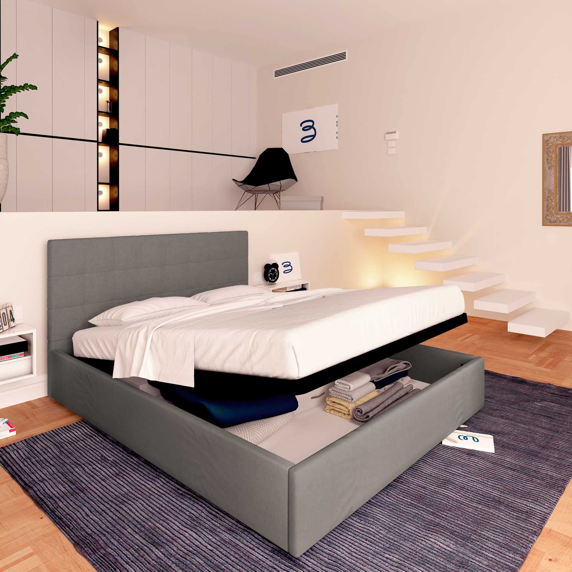 Baldiflex Square and Half Bed with Dublin Fabric Storage, Slatted Base, for Single Mattresses 120x190cm, Elegant Gray Headboard - Perfect for Small Bedrooms, Guest Rooms & Studio Apartments
