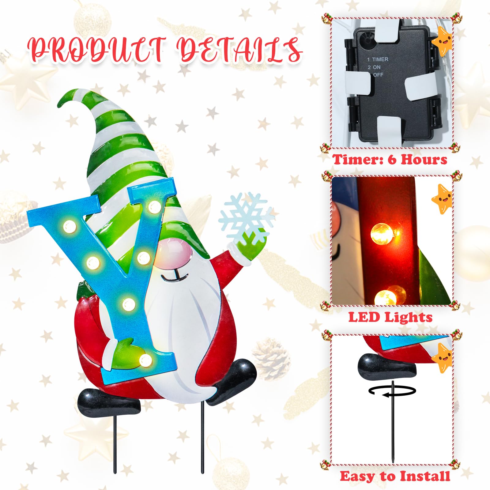 3 Pack Christmas Yard Stakes with Battery Powered Lights - Waterproof Outdoor Gnome Decorations for Lawn, Garden & Holiday Parties | Joyful Xmas Metal Signs for Home & Yard Decor