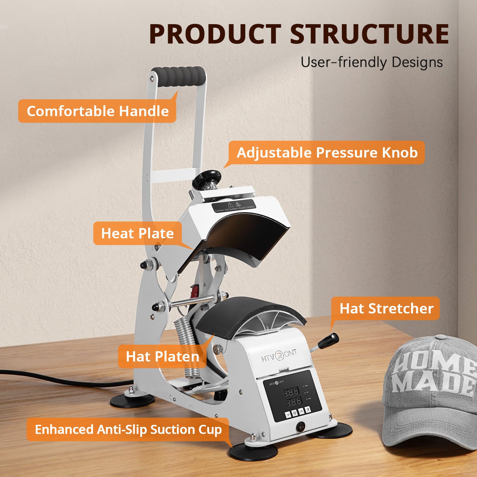 HTVRONT Hat Press Machine for Caps - Teflon-Coated Curved Heat Plate with Memory Mode & Non-Slip Base | Perfect for Heat Transfer Vinyl, DIY Custom Hats, Embroidery Projects and Small Business Printing Needs