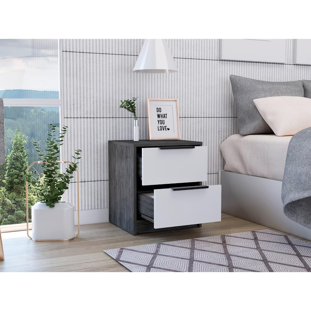 Tuhome Kaia Nightstand with Two Drawers and Metal Handles - Smokey Oak/White Finish for Bedroom Furniture and Home Decor