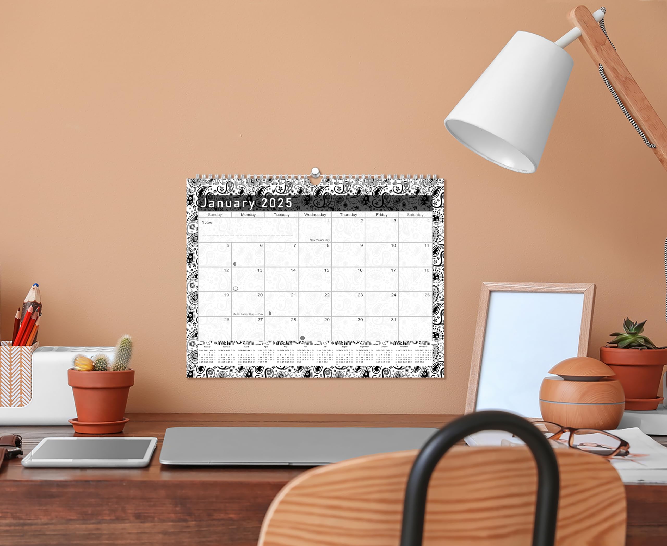 2024-2025 18-Month Spiral-Bound Wall & Desk Calendar Planner - Black & White Paisley Design (Edition #011) - Perfect for Home, Office & School Organization