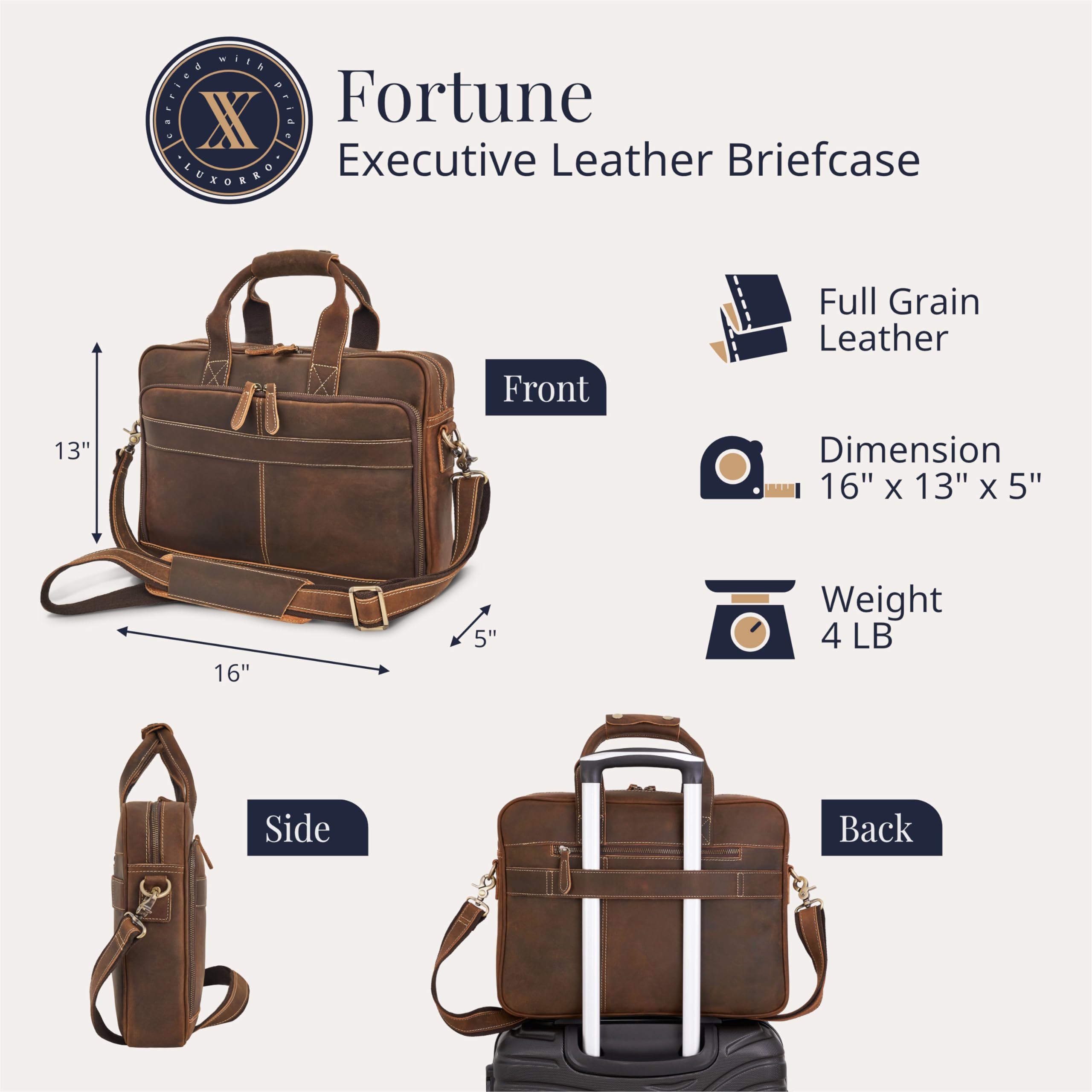 Premium Full-Grain Leather Briefcase for Men - Professional Laptop Bag with Leather Computer Compartment - Perfect for Business Travel & Office Work
