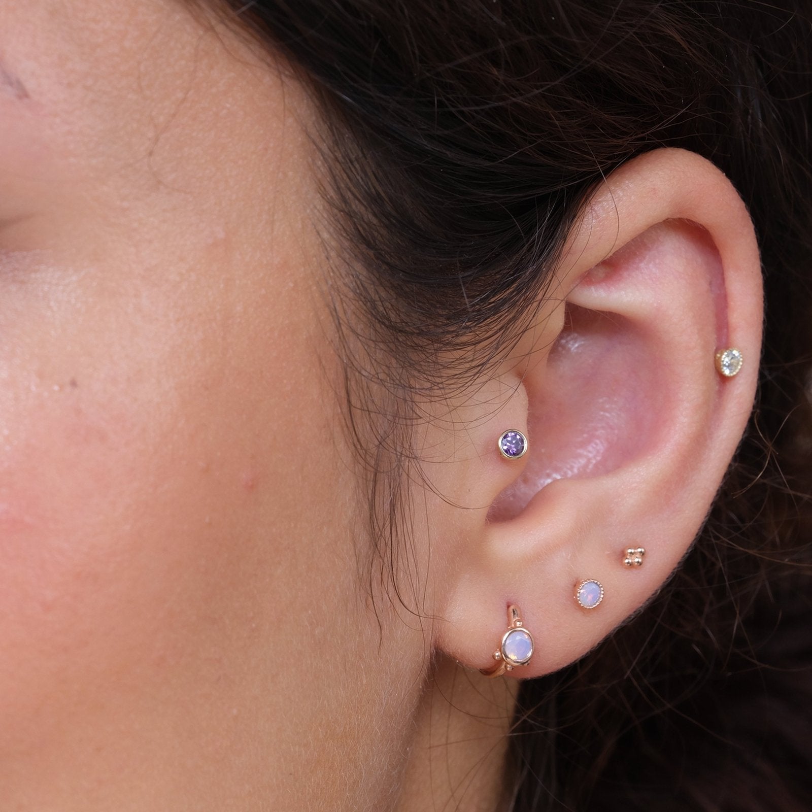 14K Rose Gold Pink Opal Stud Earrings with Milgrain Detail - Dainty Flat Back Earrings for Women, Perfect for Everyday Wear & Special Occasions
