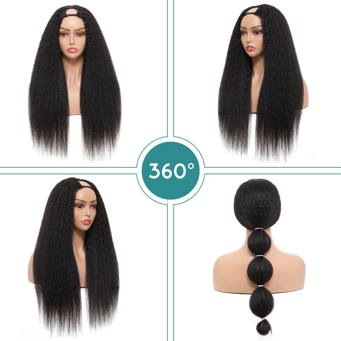U Part Wigs for Black Women - 20 Inch Kinky Straight Human Hair Wig | Italian Yaki Straight U-Shape Clip-In Half Wig | Perfect for Daily Wear, Parties & Protective Styling