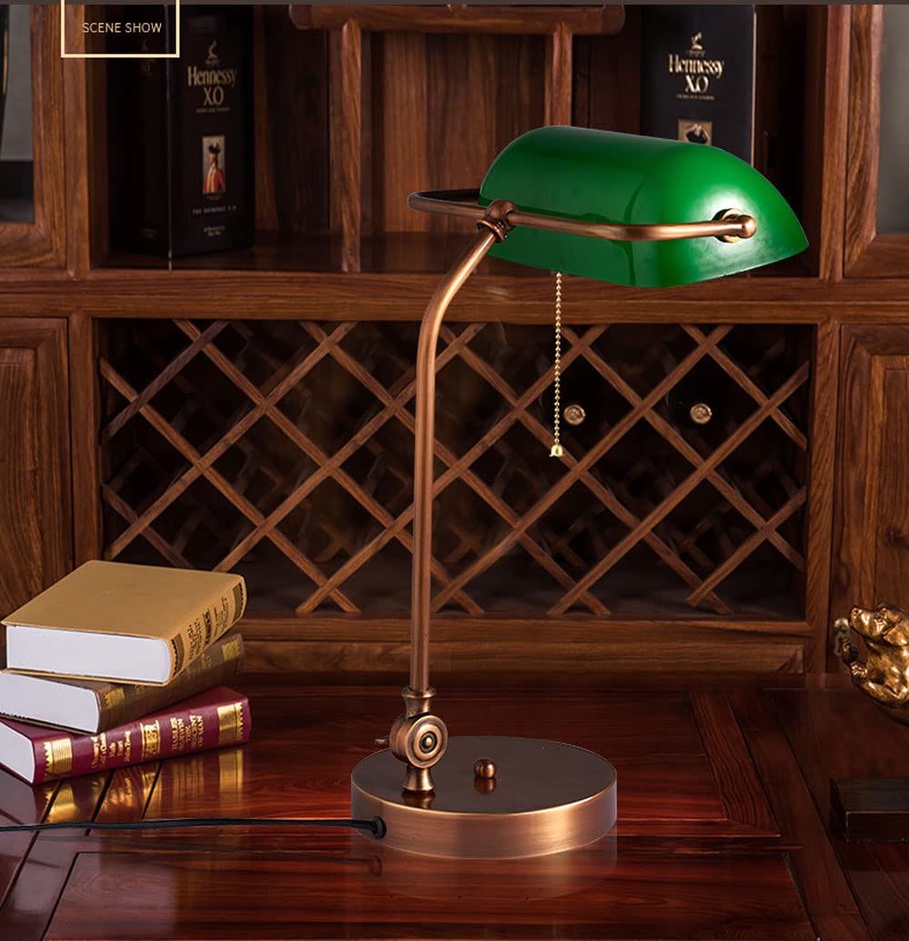 Vintage Emerald Green Glass Banker Desk Lamp with Copper Base - Adjustable 360° LED Reading Light, Pull Chain Switch, E27 Bulb Compatible - Perfect for Home Office, Study Room & Bedside Nightstand Lighting (Model-G)