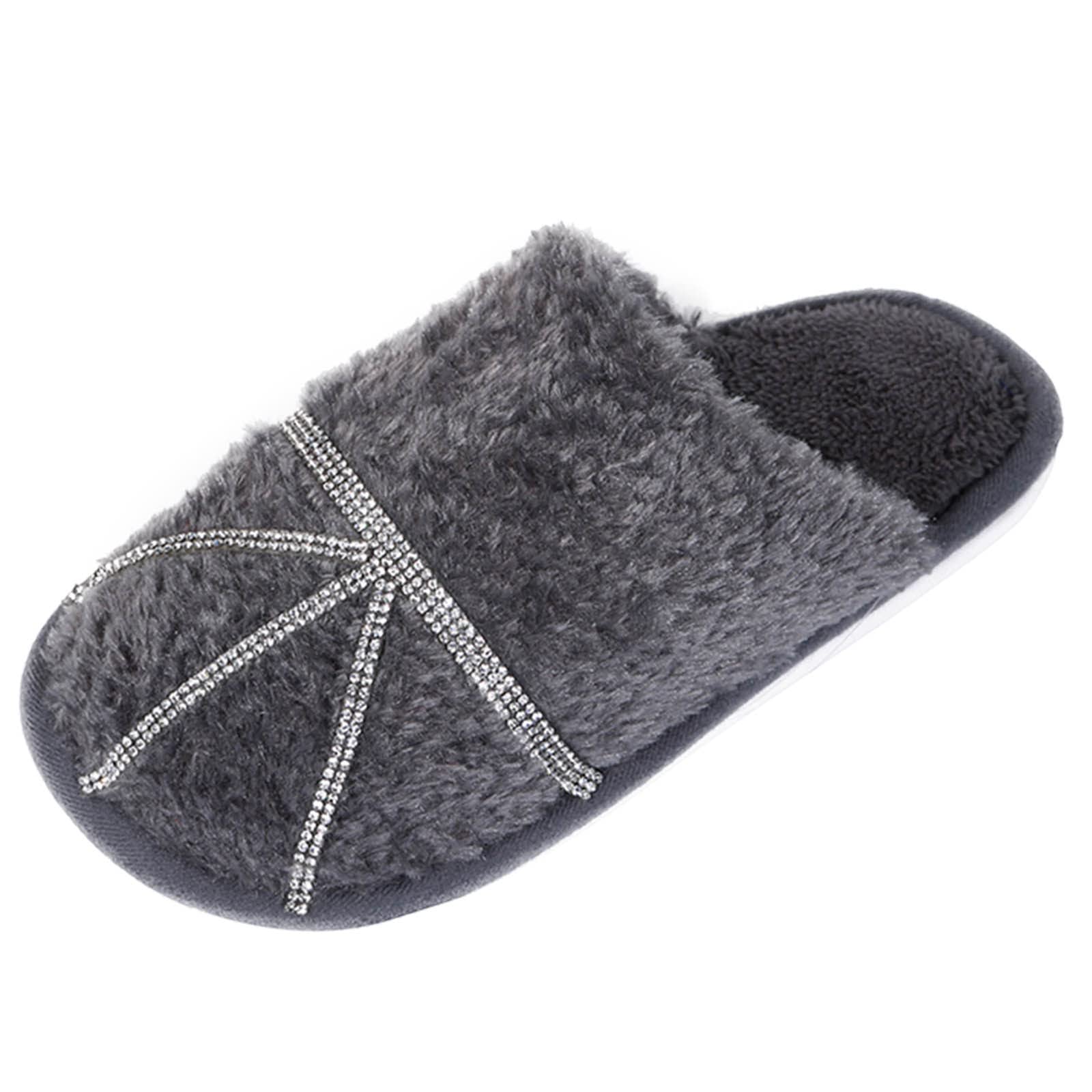 Preowned Women's Slipper Shoes Size 9 - Warm Color Comfortable Plush Rhinestone Casual Slippers - Fashion Flat Slides for Home, Lounge & Indoor Use (Grey, 10.5)