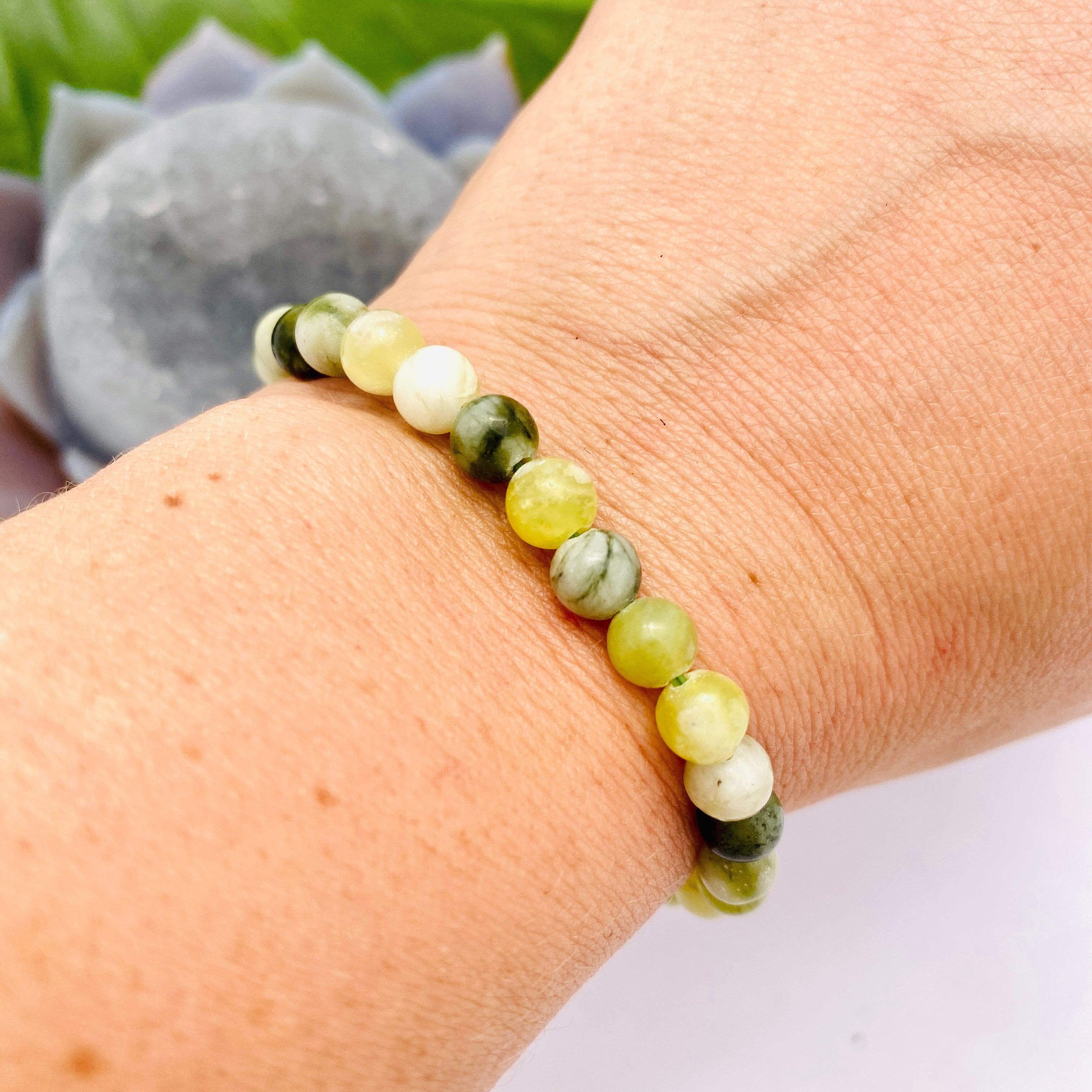 Natural Prehnite and Serpentine Beaded Bracelet for Women - Healing Crystal Jewelry for Meditation, Yoga & Spiritual Energy