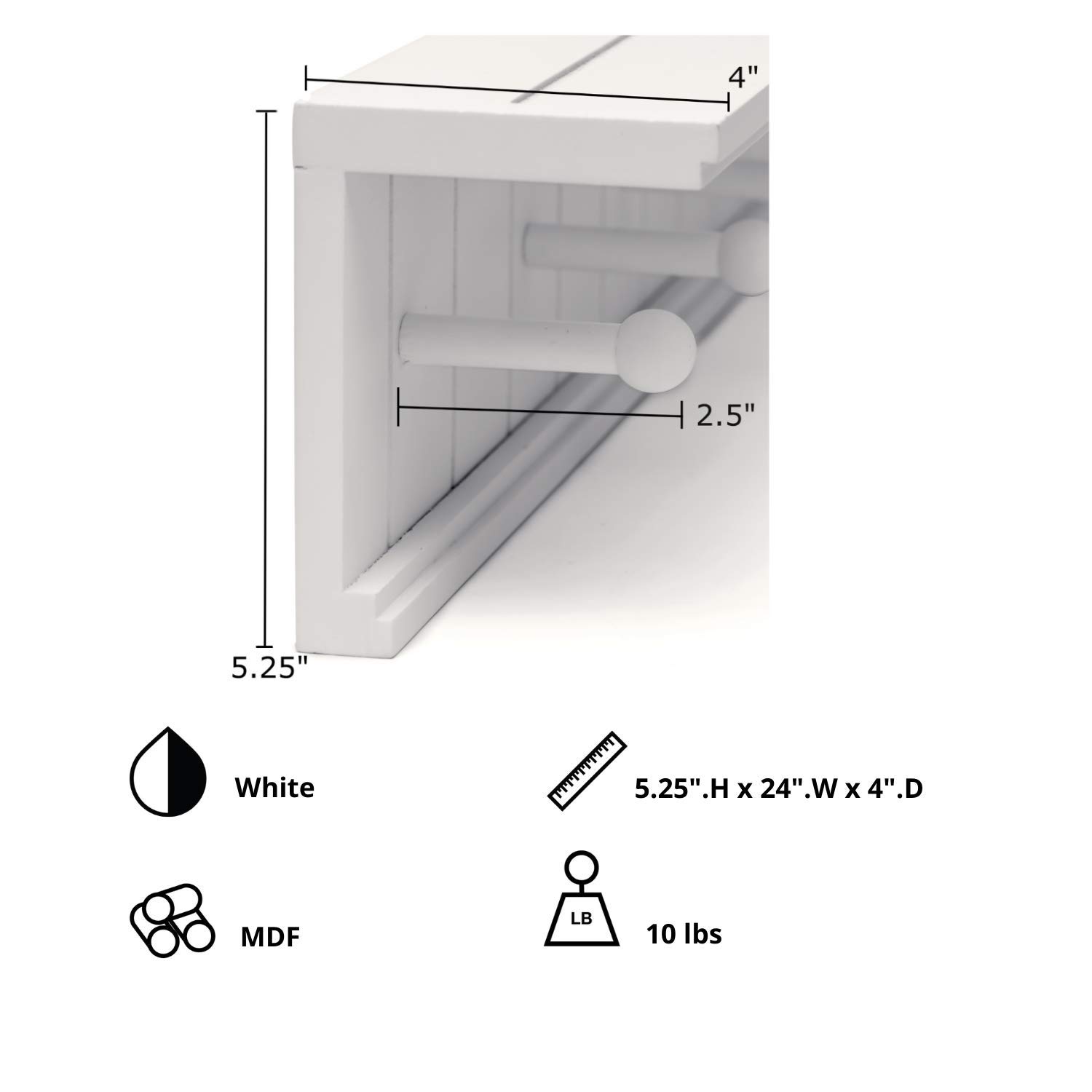 Kiera Grace Kian Floating Shelves - Modern Wall Mounted Hanging Shelf with 5 Pegs, White Coat Rack for Office, Living Room & Entryway - 24 Inch, 1 Pack