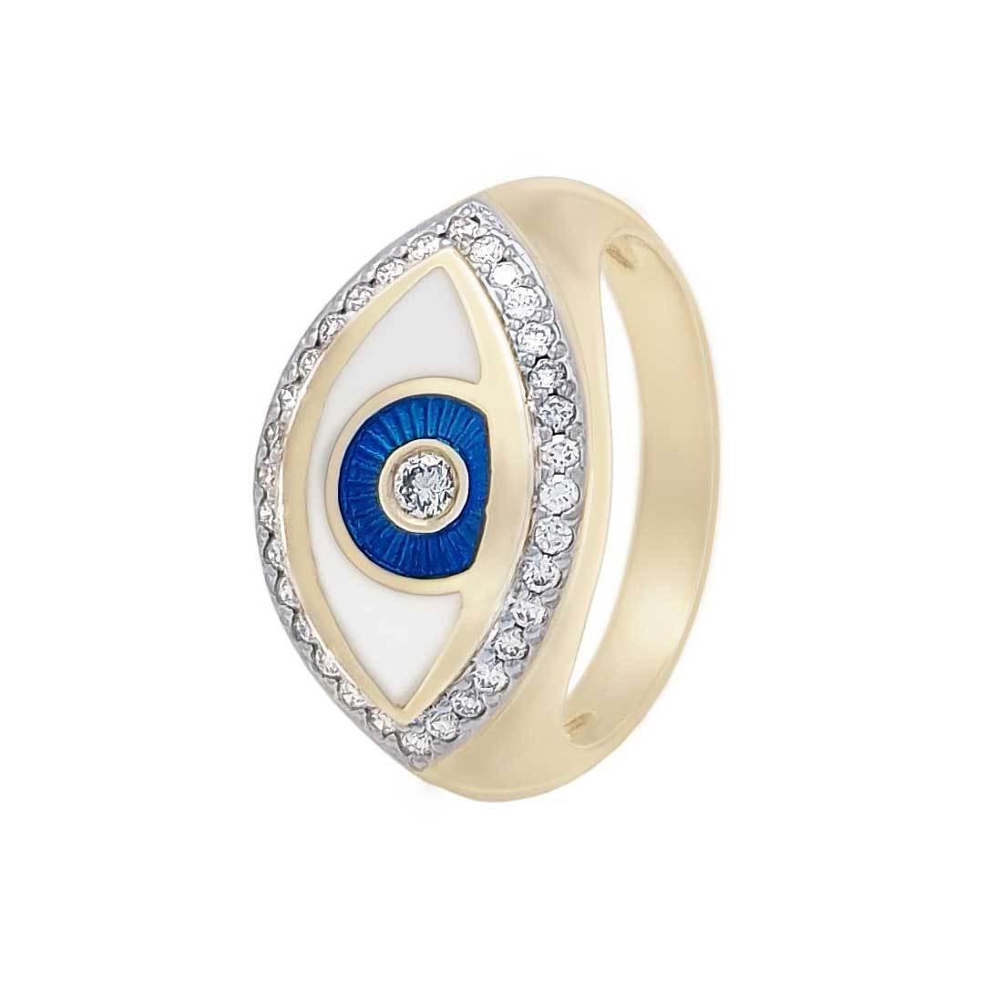 14K Yellow Gold Evil Eye Ring with 33 Diamonds & Enamel – Protection Jewelry for Women, Gift for Her, Birthday & Anniversary Present, Spiritual & Stylish Accessory
