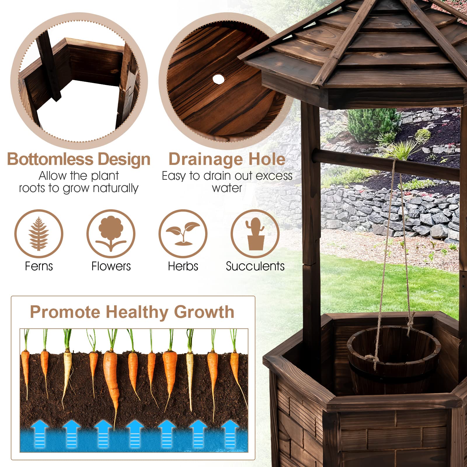 Giantex Rustic Wooden Wishing Well Planter with Hanging Bucket & Roof - Outdoor Garden Decor for Backyard, Patio, Lawn - Perfect for Flowers, Plants, and Countryside Landscaping