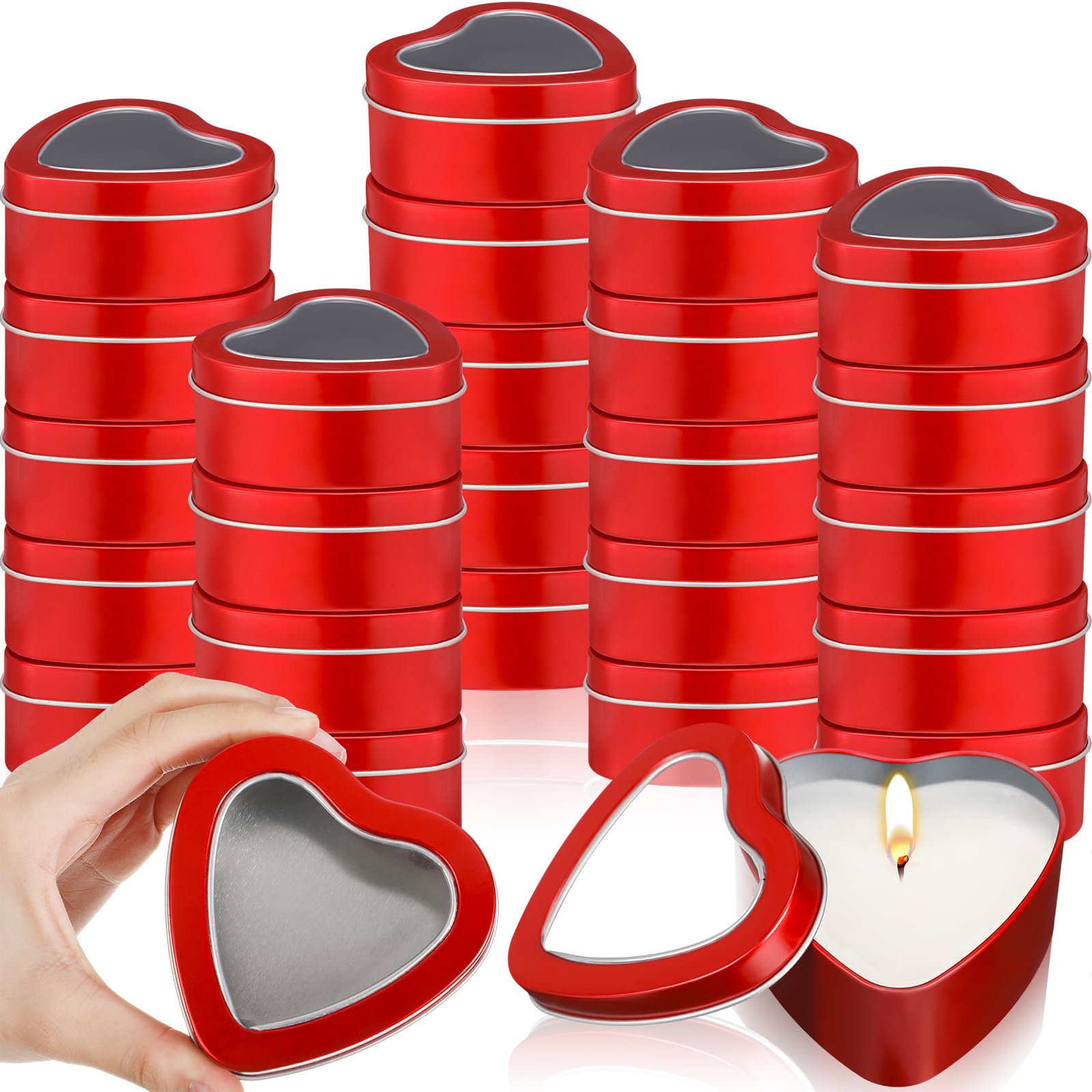 24 Pcs 6.5 oz Heart Shaped Metal Tins with Clear Window Lids - Valentine's Day Empty Candle Containers, DIY Candle Making Kits, Candy Storage Boxes, Gift Packaging for Jewelry & Small Treasures (Red) - Perfect for Romantic Gifts, Wedding Favors, Holiday Crafts & Home Decor