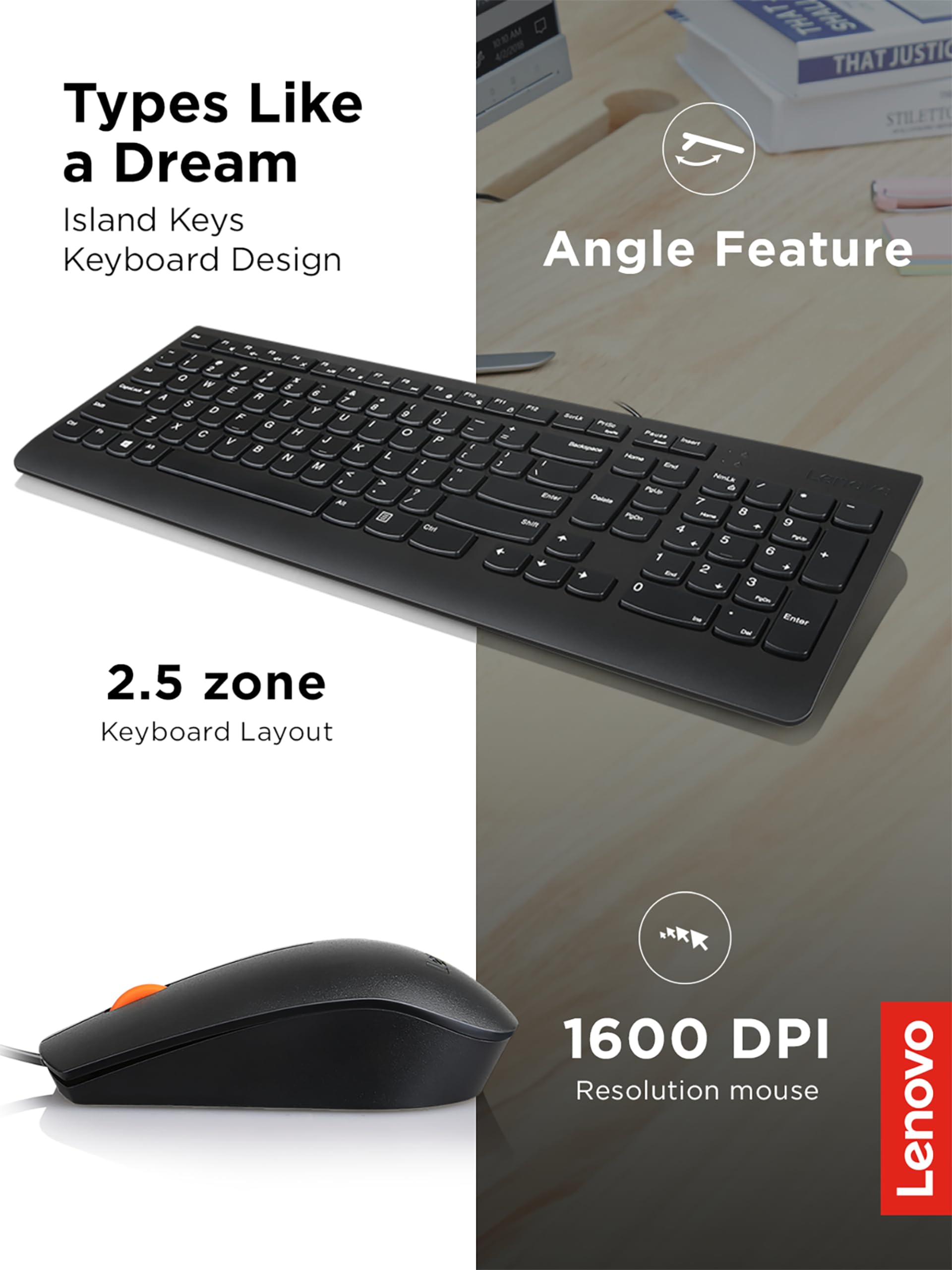 Lenovo 300 USB Combo - Full-Size Wired Keyboard & Ergonomic Mouse for Left/Right Hand (Black, Model GX30M39606) | Perfect for Office, Gaming & Home Computing