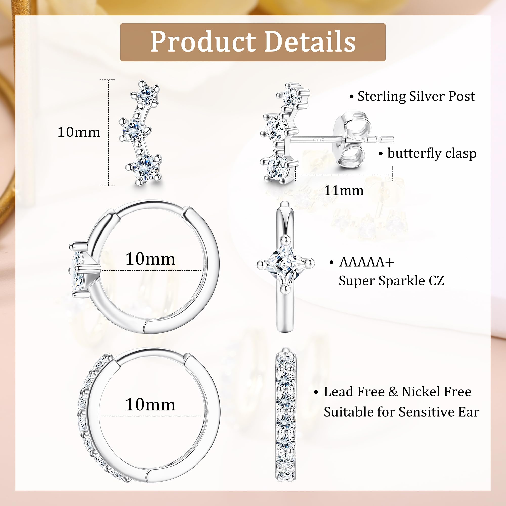 3 Pairs Sterling Silver Stud Hoop Earrings for Women - 14k Gold Plated Dainty Earrings, 925 Silver Cartilage & Huggie Earrings Set for Multiple Piercings | Perfect for Everyday Wear, Gifts & Special Occasions